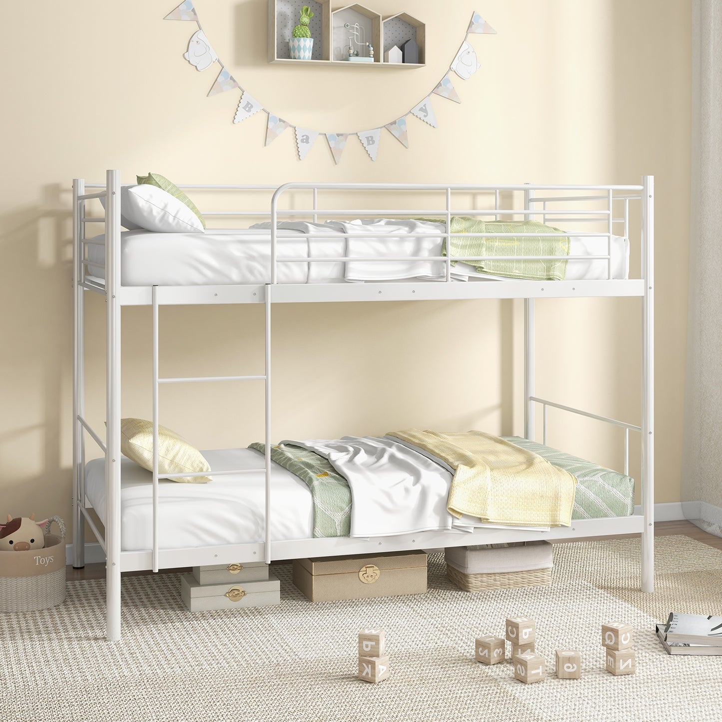 Sturdy Metal Bunk Bed with Ladder and Full-Length Guardrails for Safety - White