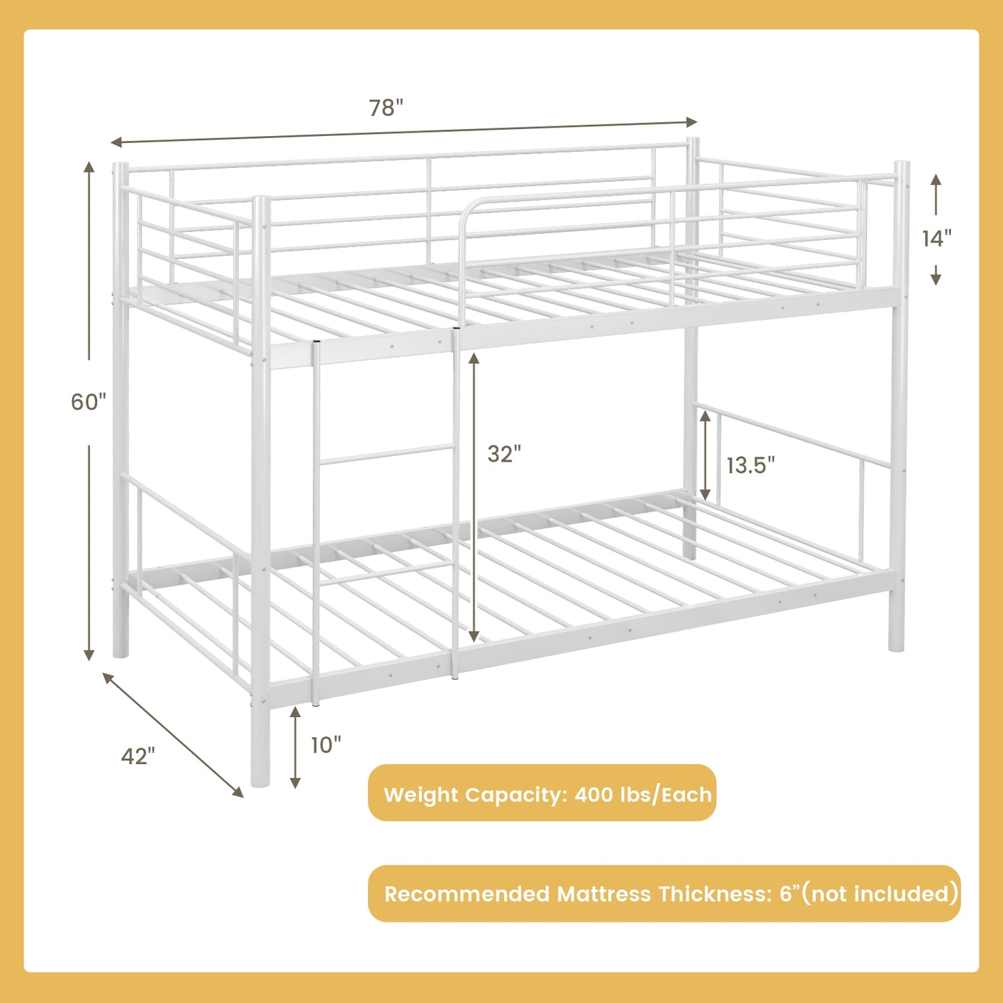 Sturdy Metal Bunk Bed with Ladder and Full-Length Guardrails for Safety - White