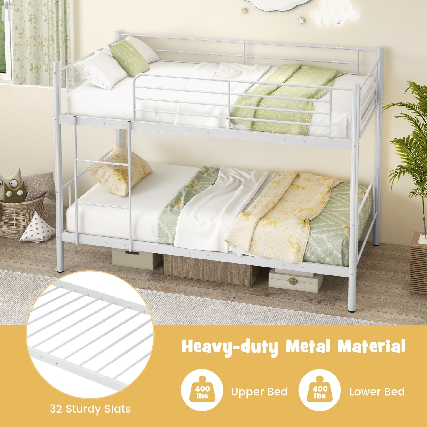 Sturdy Metal Bunk Bed with Ladder and Full-Length Guardrails for Safety - White