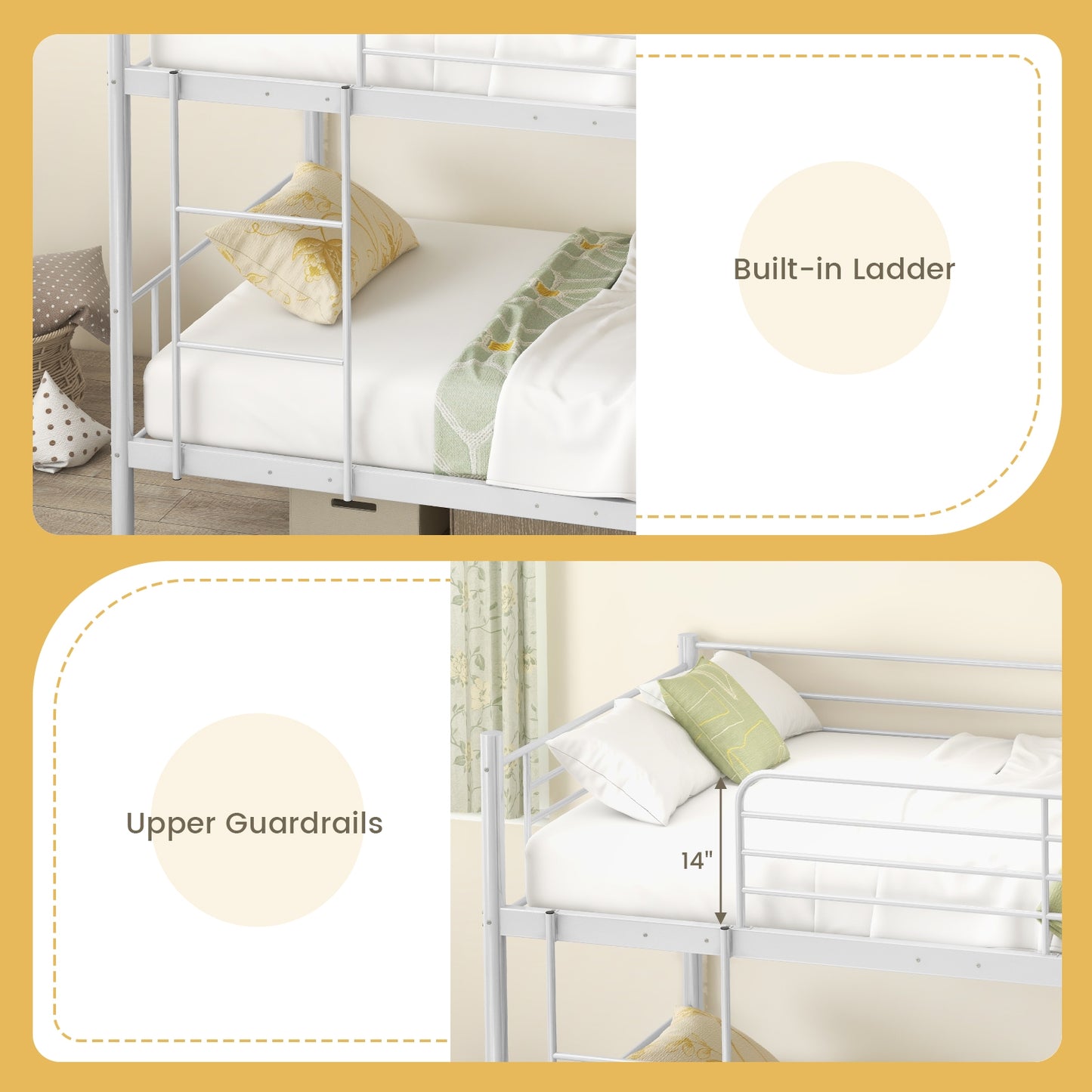 Sturdy Metal Bunk Bed with Ladder and Full-Length Guardrails for Safety - White