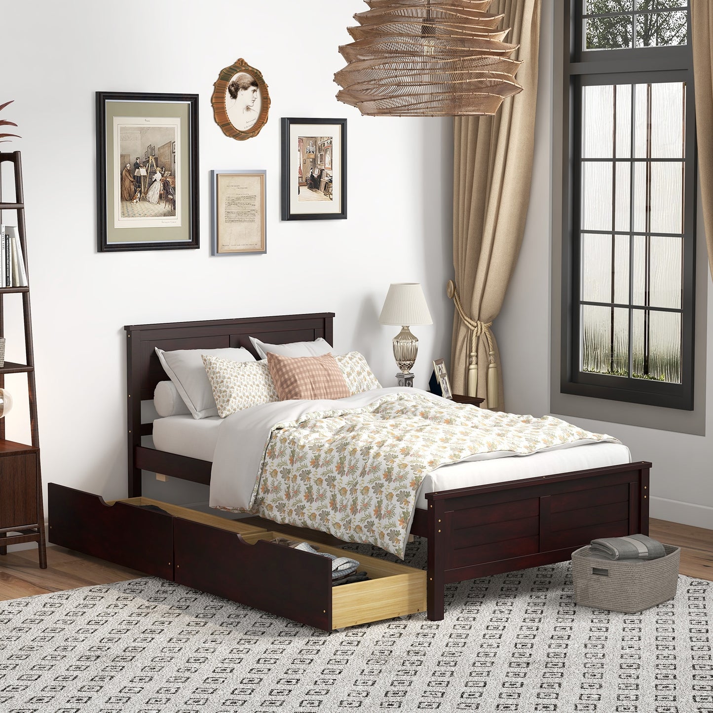 Twin Wooden Bed Frame with Storage Drawers and Headboard, Espresso