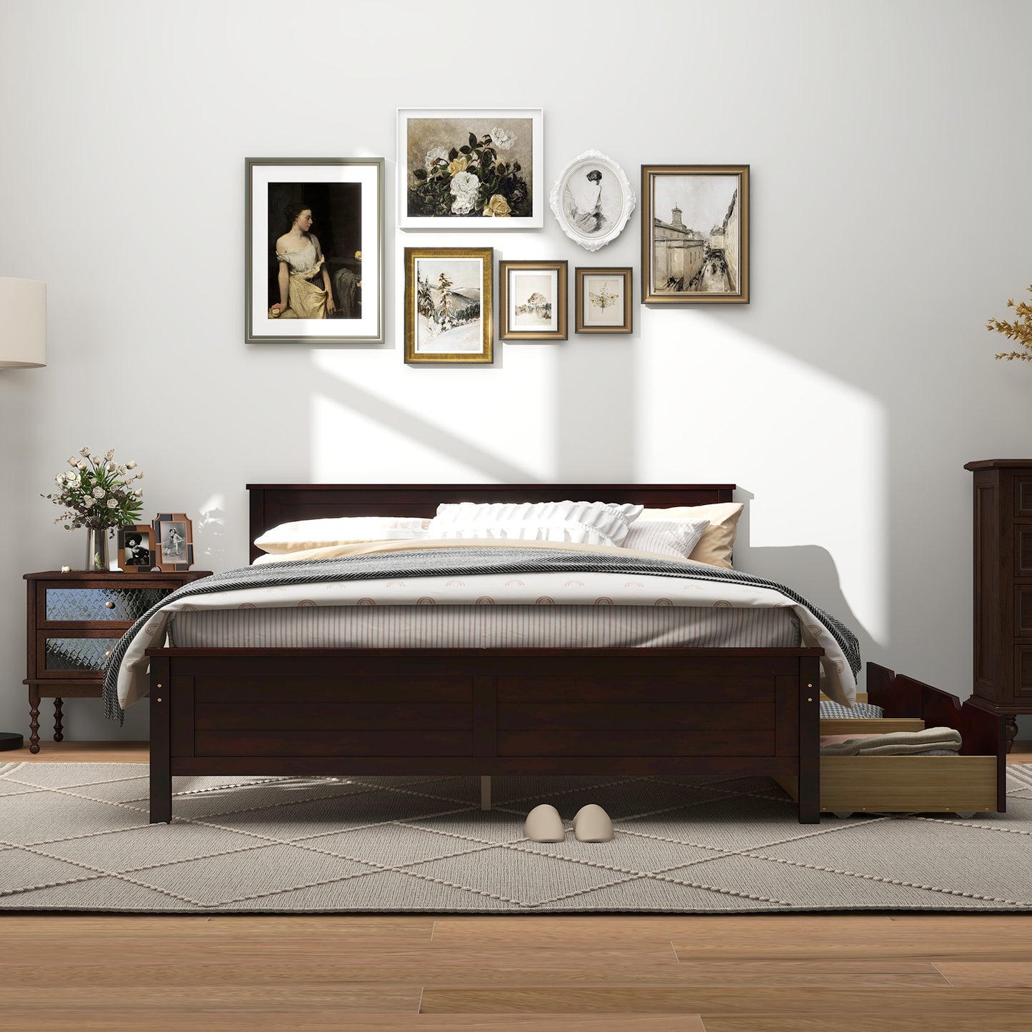 Full Size Platform Bed Frame with Storage Drawers & Solid Wood Headboard – Elegant Espresso Design