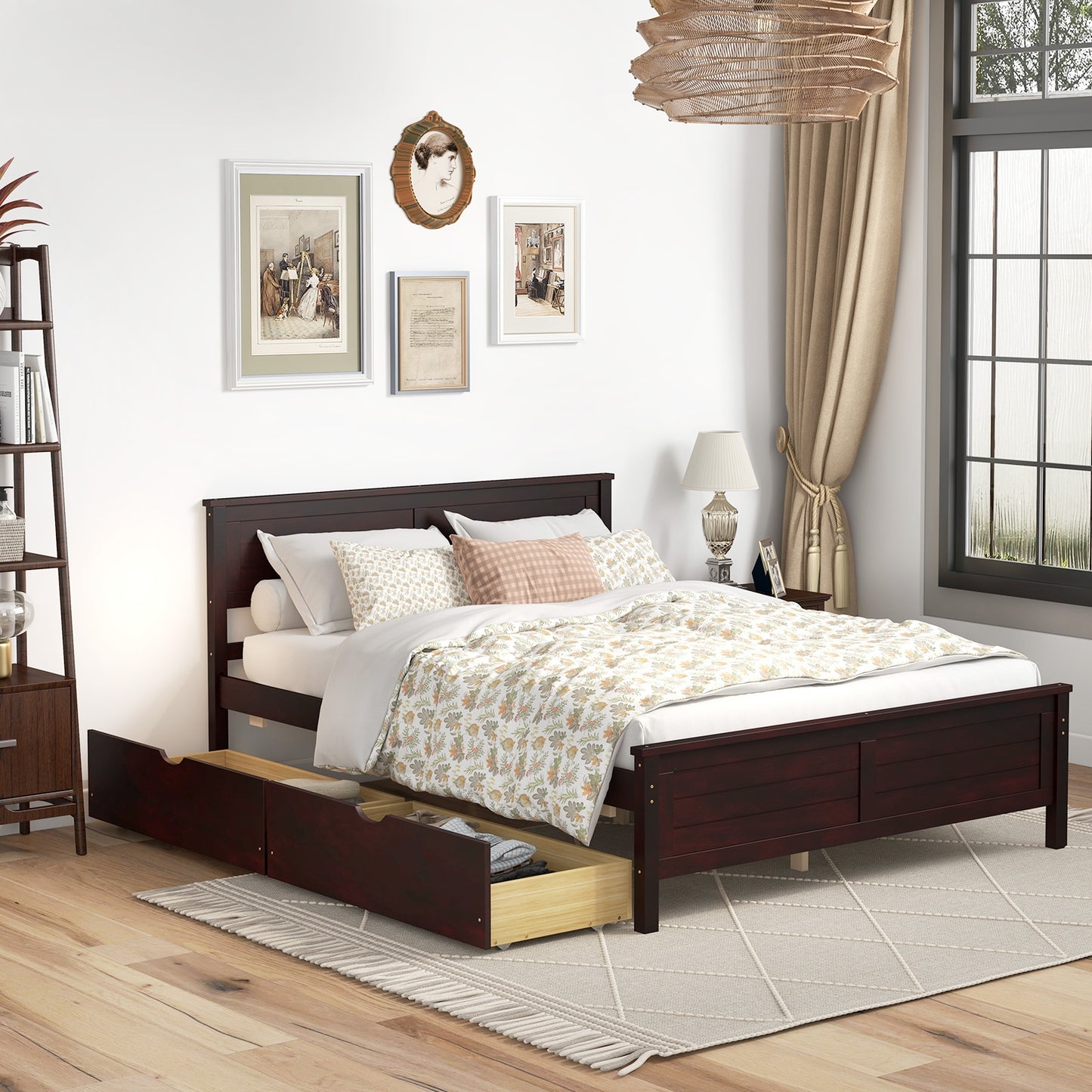Full Size Platform Bed Frame with Storage Drawers & Solid Wood Headboard – Elegant Espresso Design