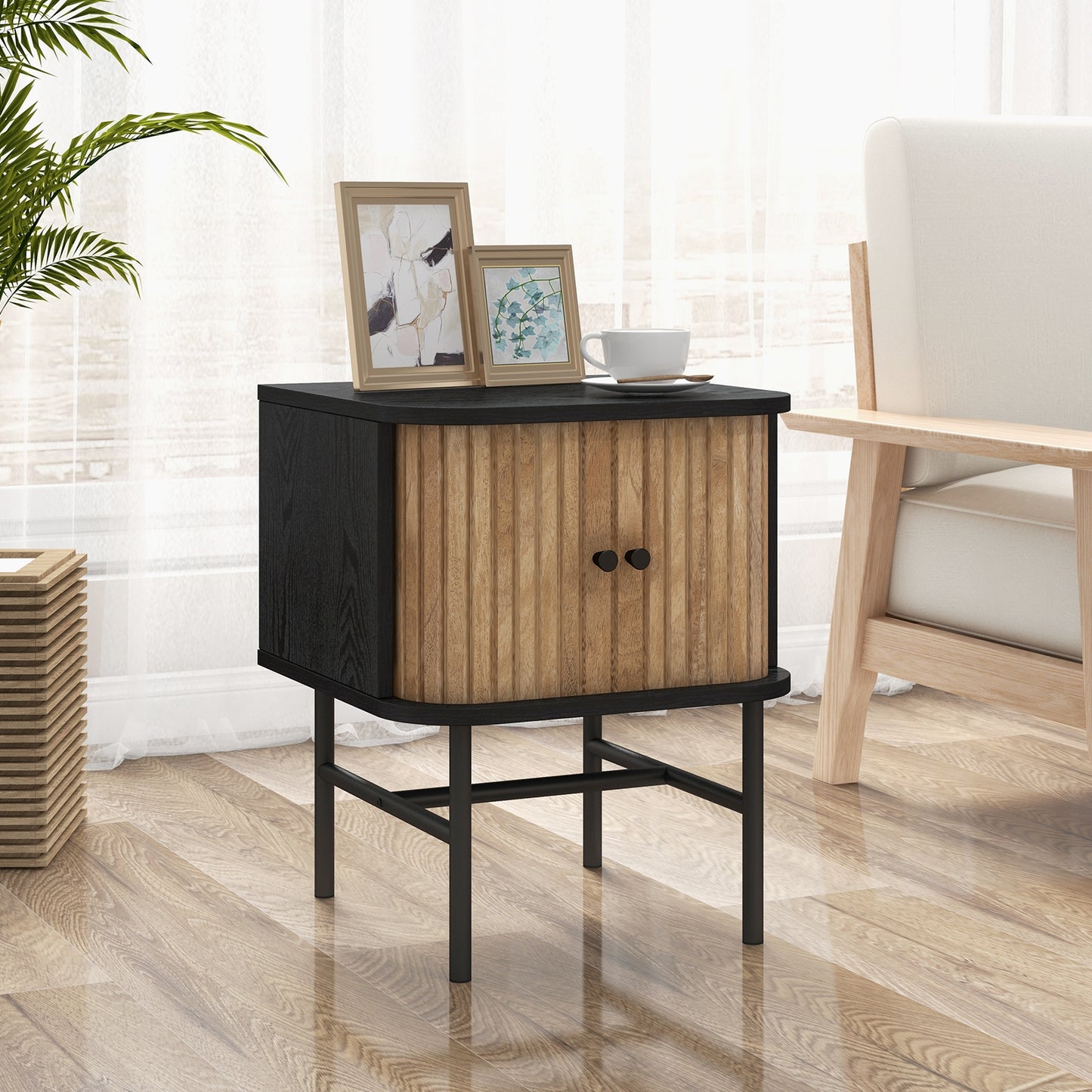 Mid Century Modern Nightstand with Sliding Doors and Storage Cabinet in Black