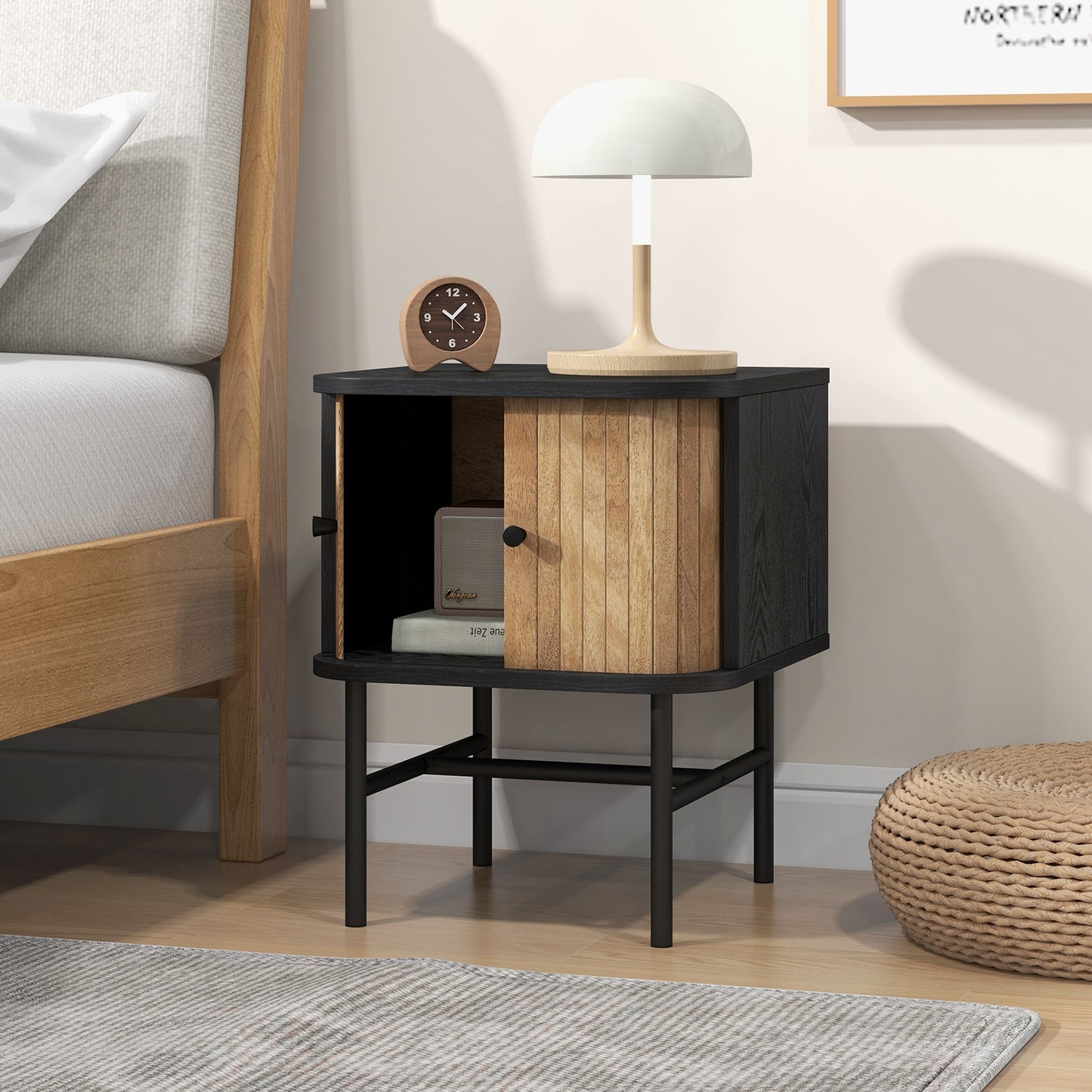 Mid Century Modern Nightstand with Sliding Doors and Storage Cabinet in Black