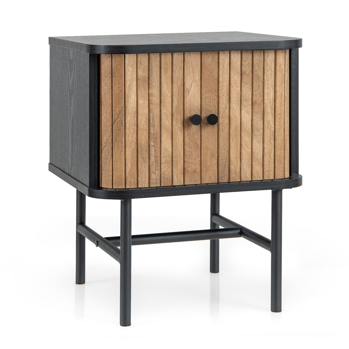 Mid Century Modern Nightstand with Sliding Doors and Storage Cabinet in Black