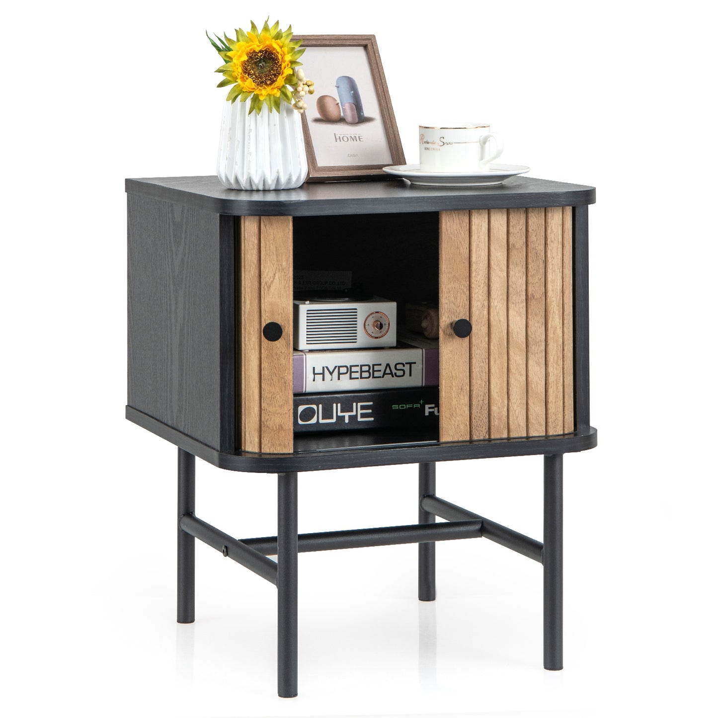 Mid Century Modern Nightstand with Sliding Doors and Storage Cabinet in Black