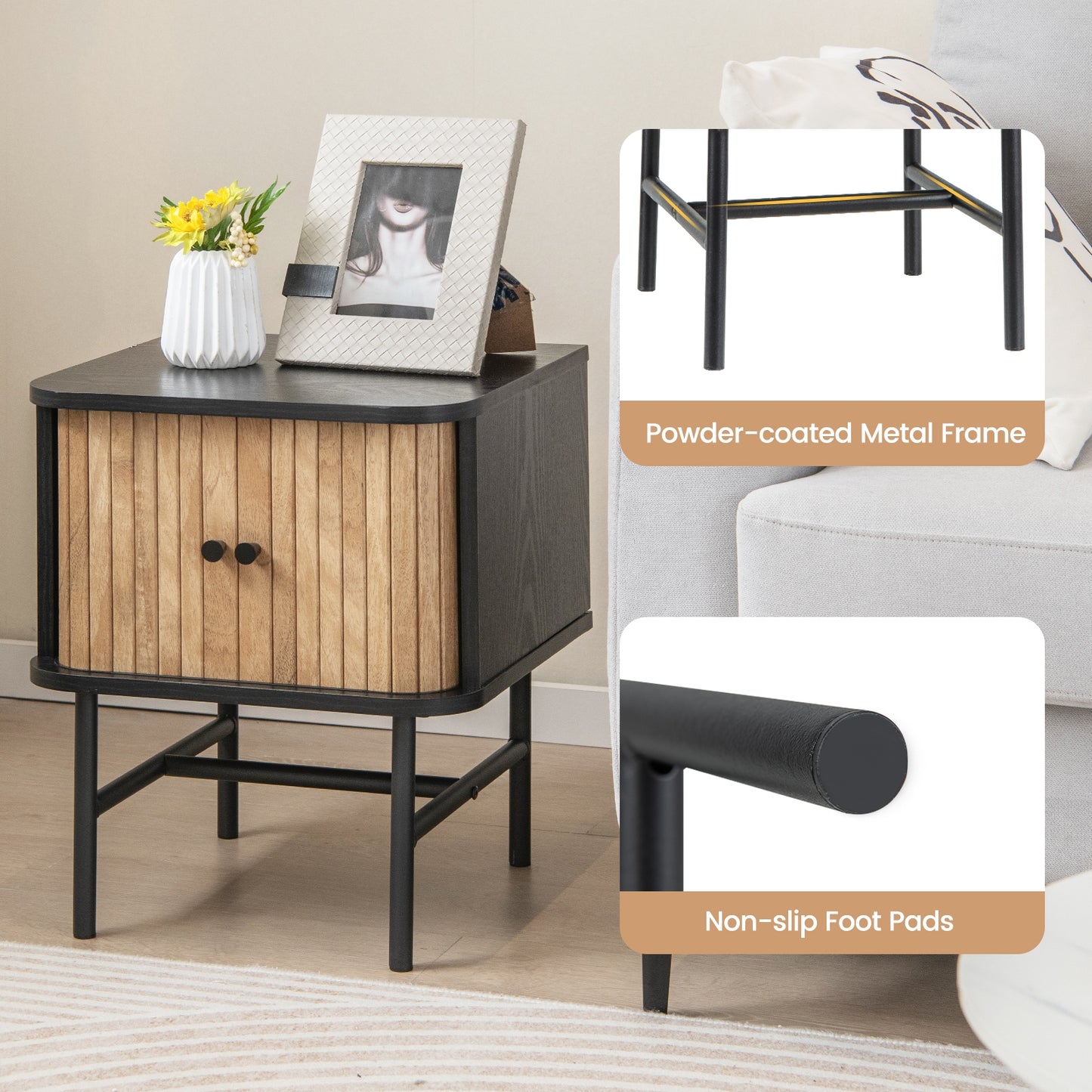 Mid Century Modern Nightstand with Sliding Doors and Storage Cabinet in Black
