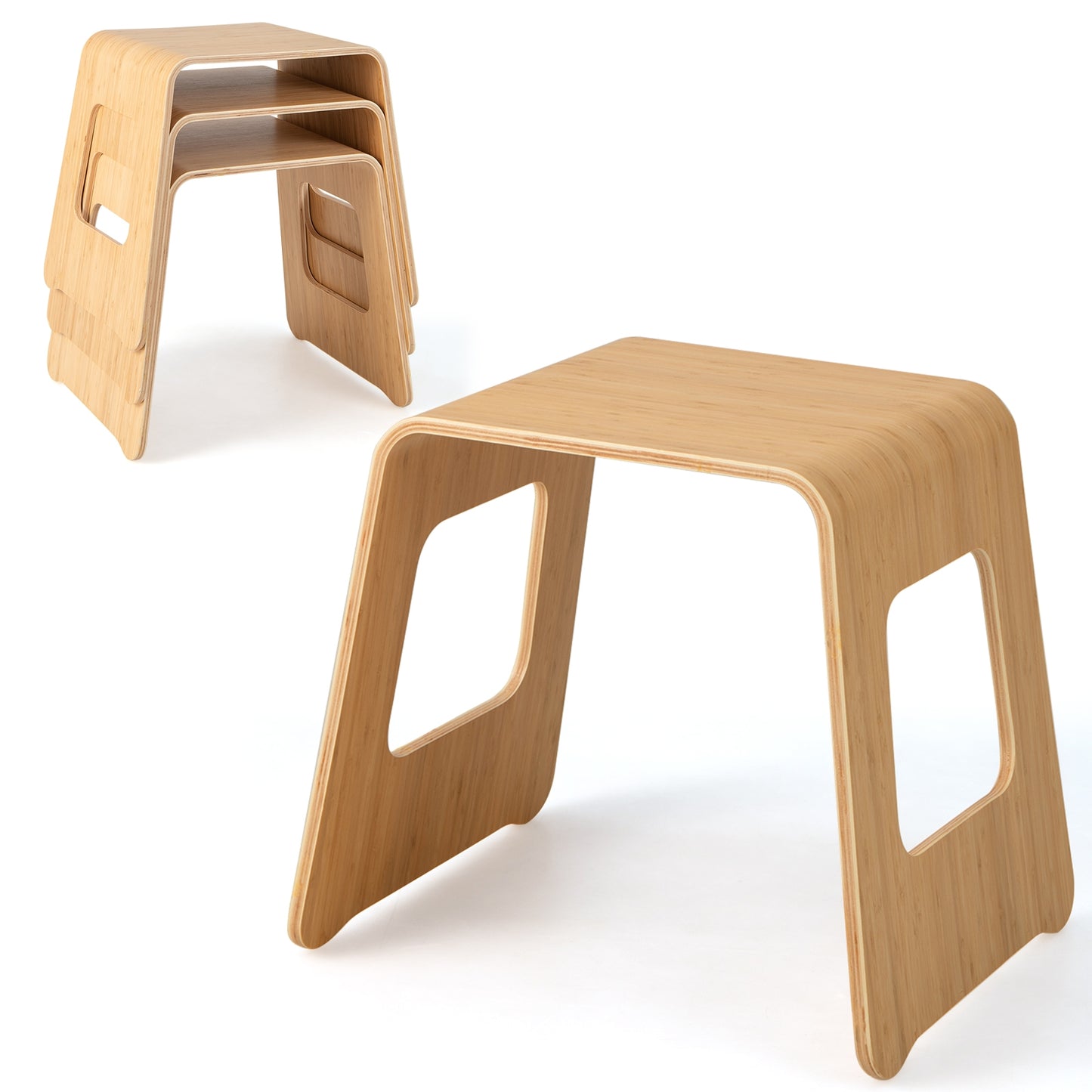Compact Bamboo Stools Set of 4 with Non-Slip Pads and Smooth Natural Finish