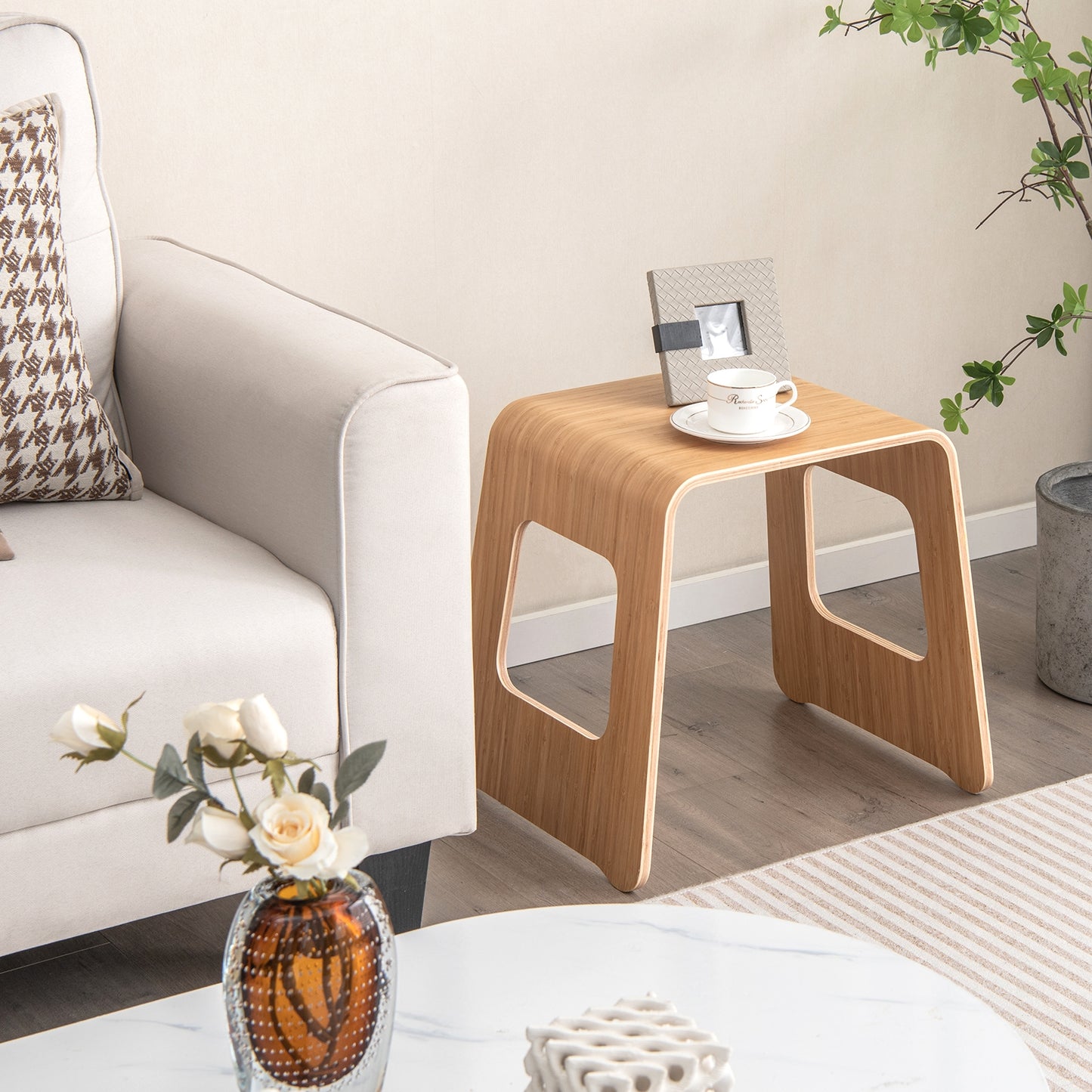 Compact Bamboo Stools Set of 4 with Non-Slip Pads and Smooth Natural Finish