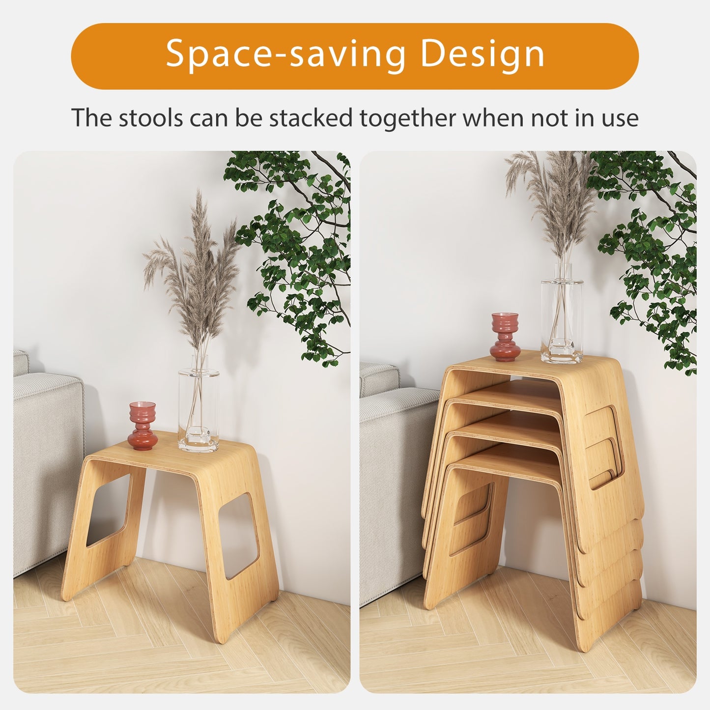 Compact Bamboo Stools Set of 4 with Non-Slip Pads and Smooth Natural Finish