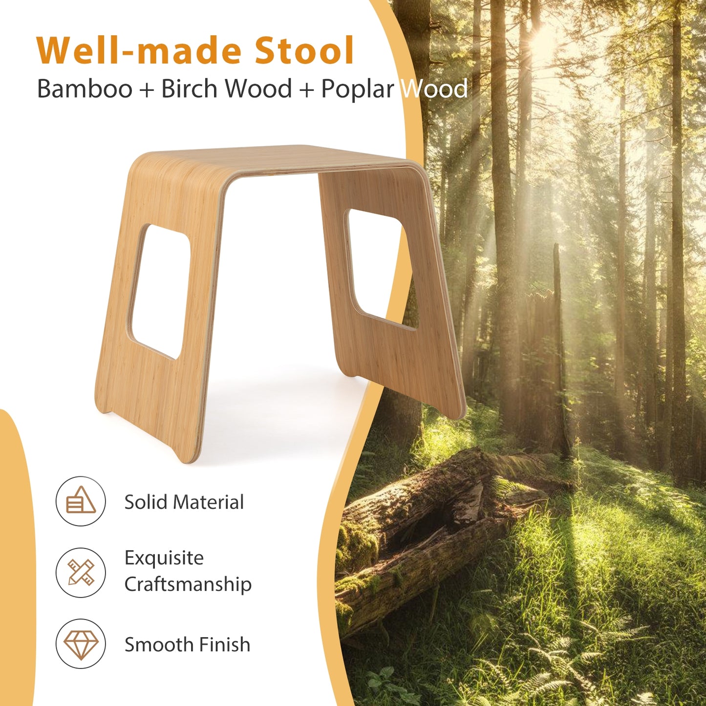 Compact Bamboo Stools Set of 4 with Non-Slip Pads and Smooth Natural Finish