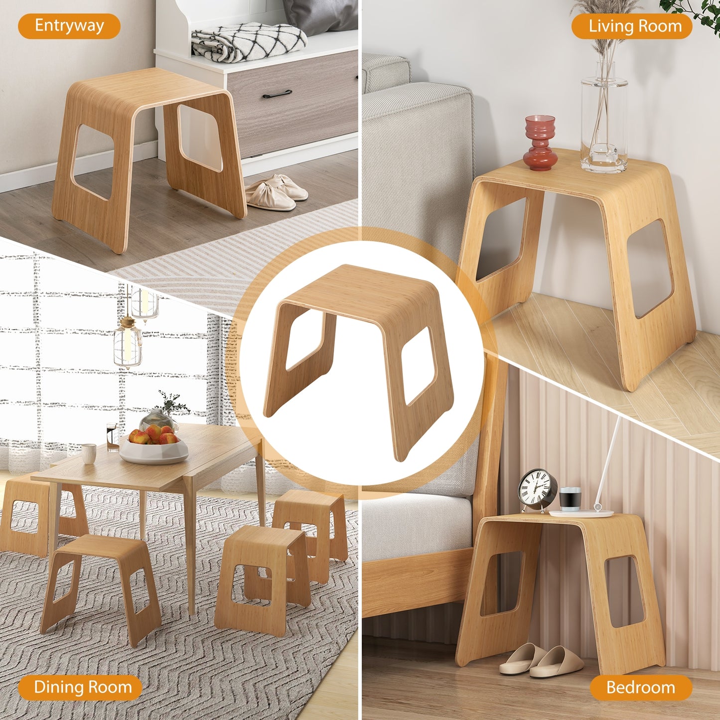 Compact Bamboo Stools Set of 4 with Non-Slip Pads and Smooth Natural Finish