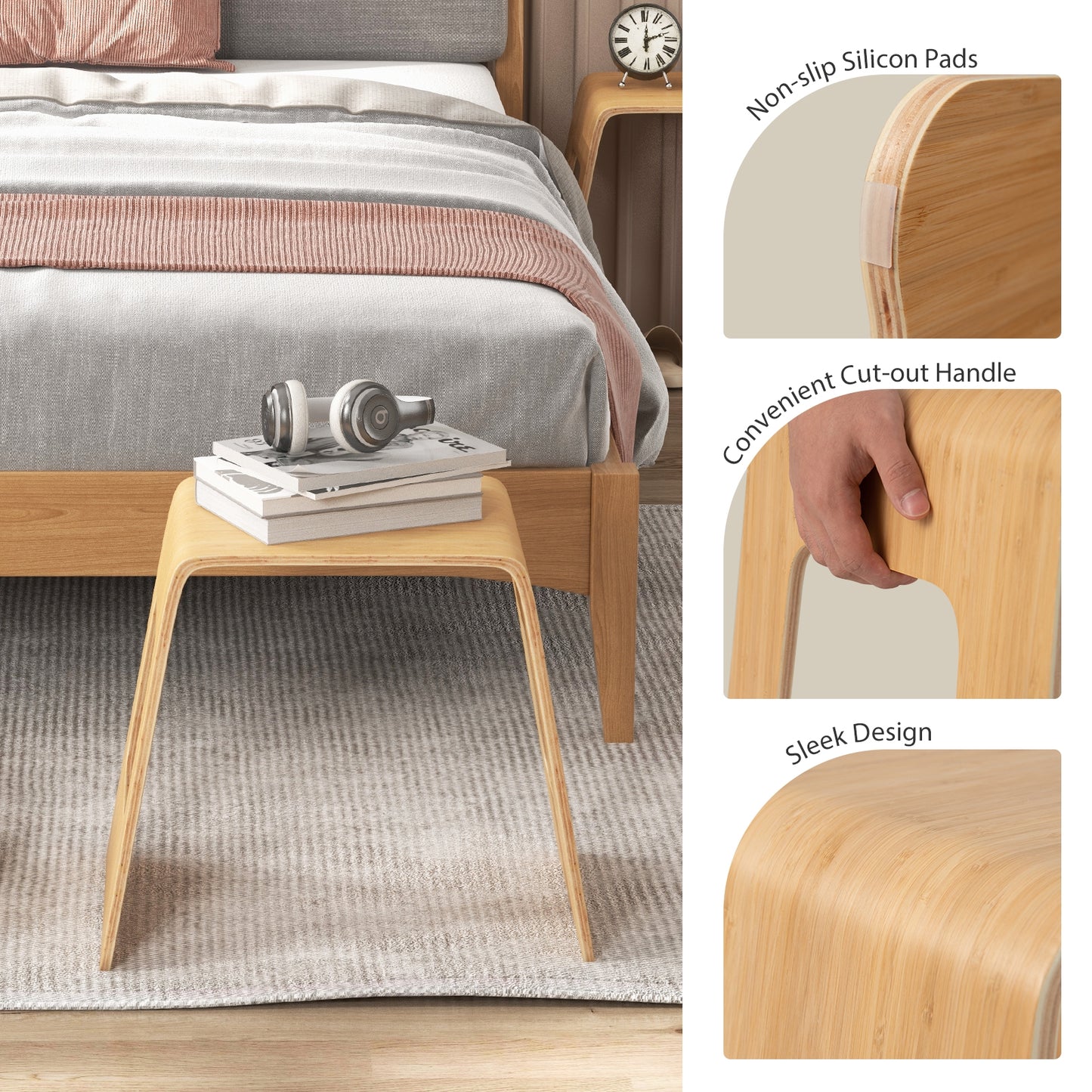 Compact Bamboo Stools Set of 4 with Non-Slip Pads and Smooth Natural Finish