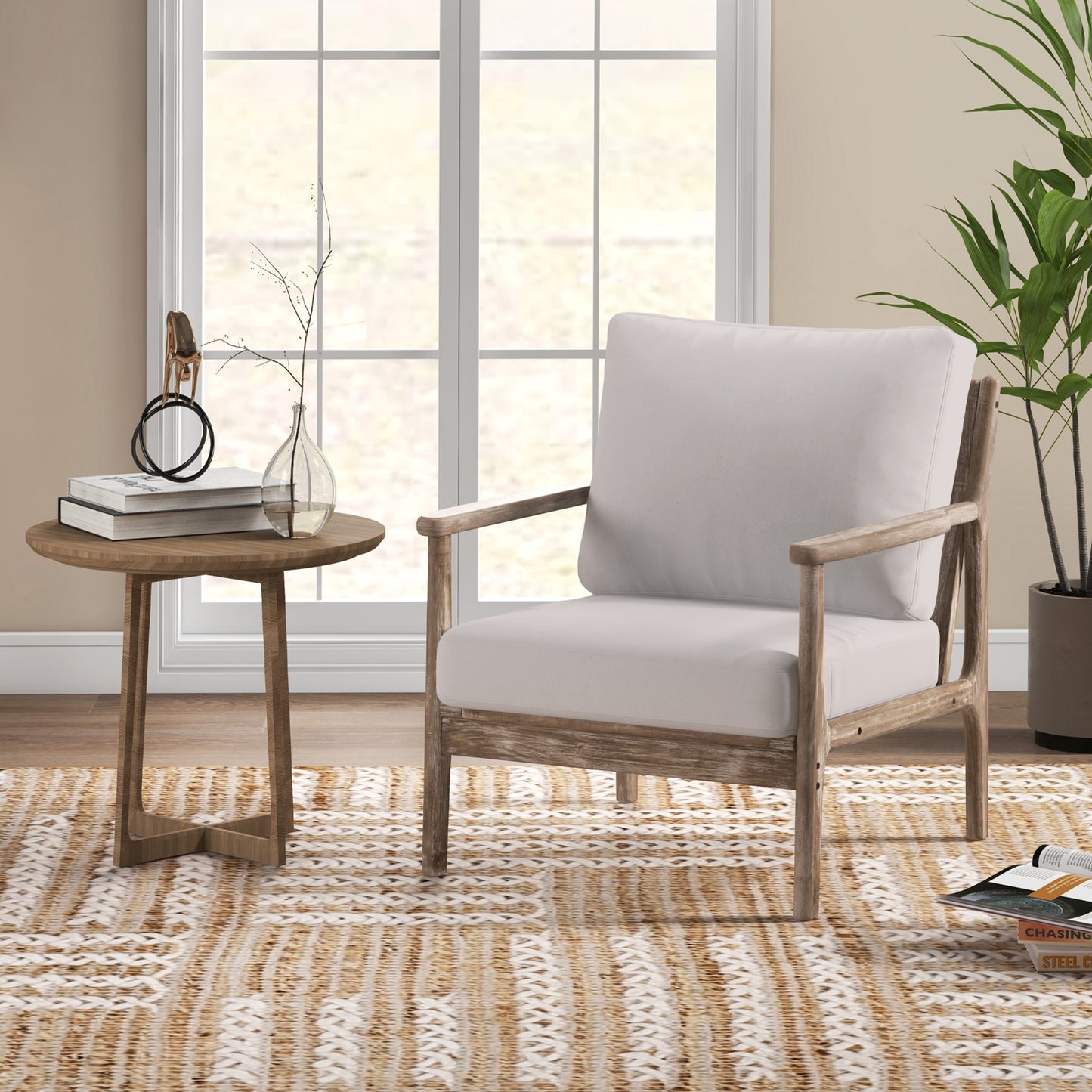 Linen Upholstered Accent Chair with Wooden Frame and Ergonomic Armrests