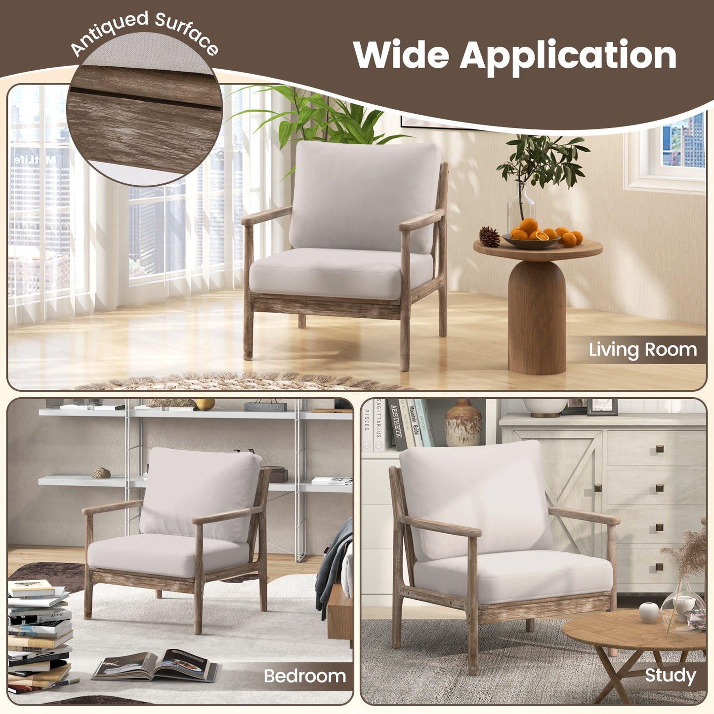Linen Upholstered Accent Chair with Wooden Frame and Ergonomic Armrests