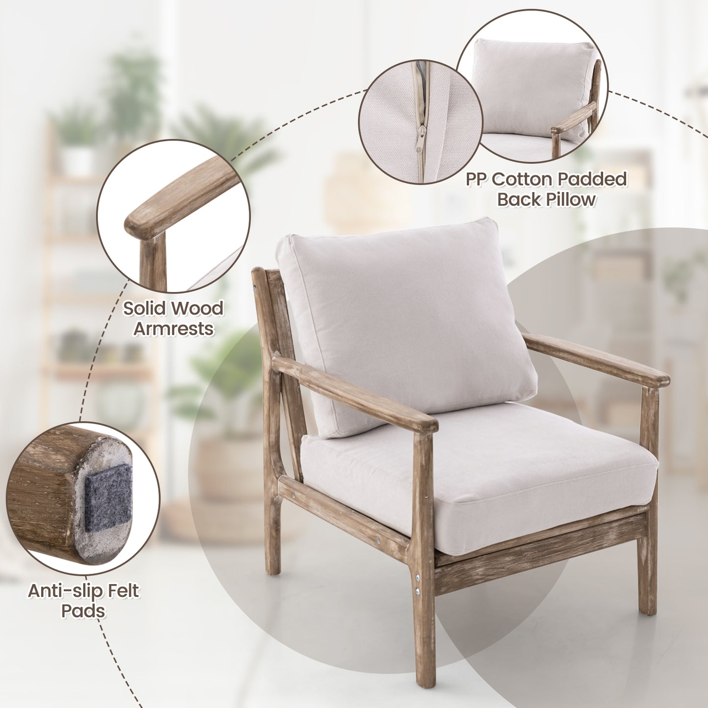 Linen Upholstered Accent Chair with Wooden Frame and Ergonomic Armrests