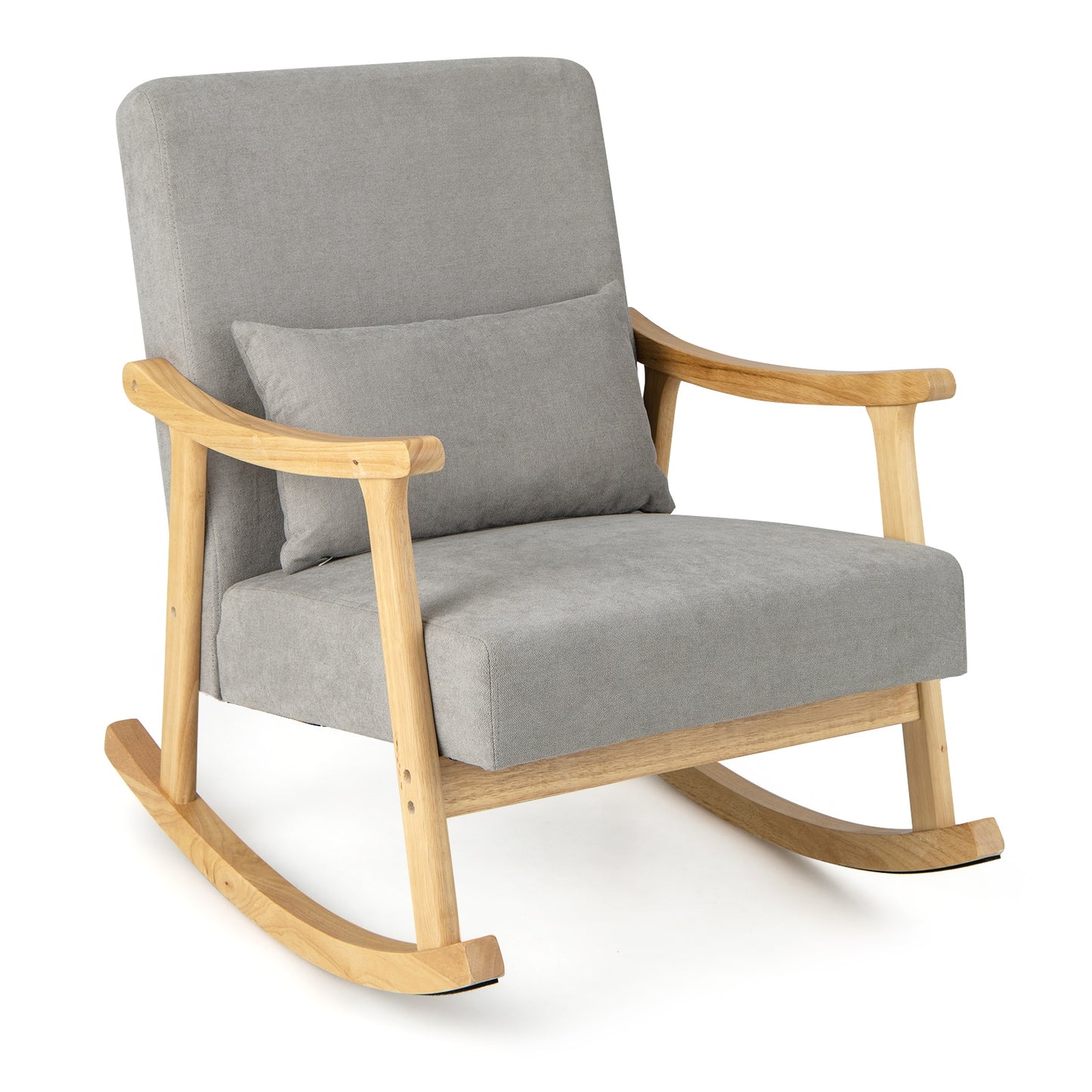Cozy Linen Rocking Chair with Ergonomic Back and Solid Wood Arms