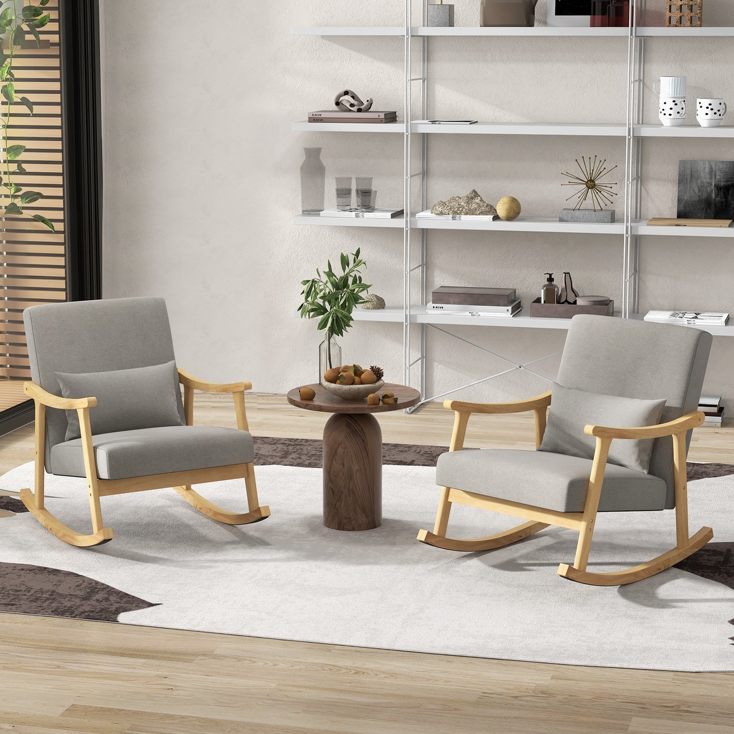 Cozy Linen Rocking Chair with Ergonomic Back and Solid Wood Arms