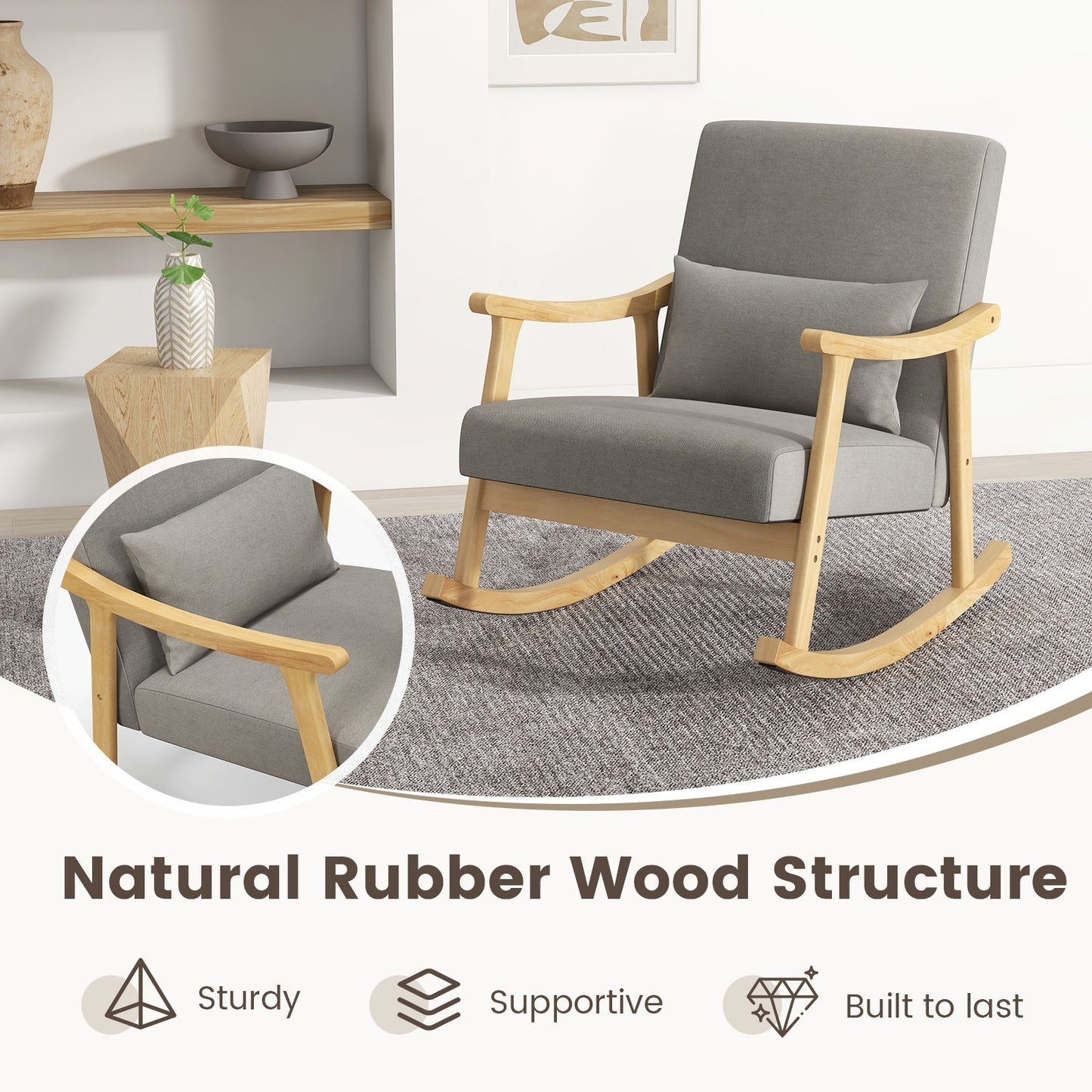 Cozy Linen Rocking Chair with Ergonomic Back and Solid Wood Arms