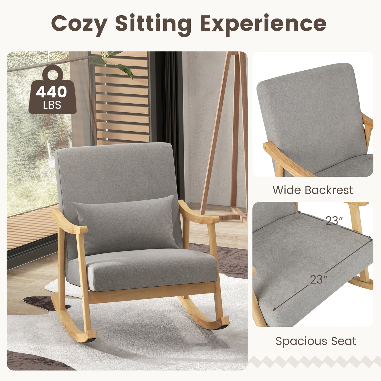 Cozy Linen Rocking Chair with Ergonomic Back and Solid Wood Arms