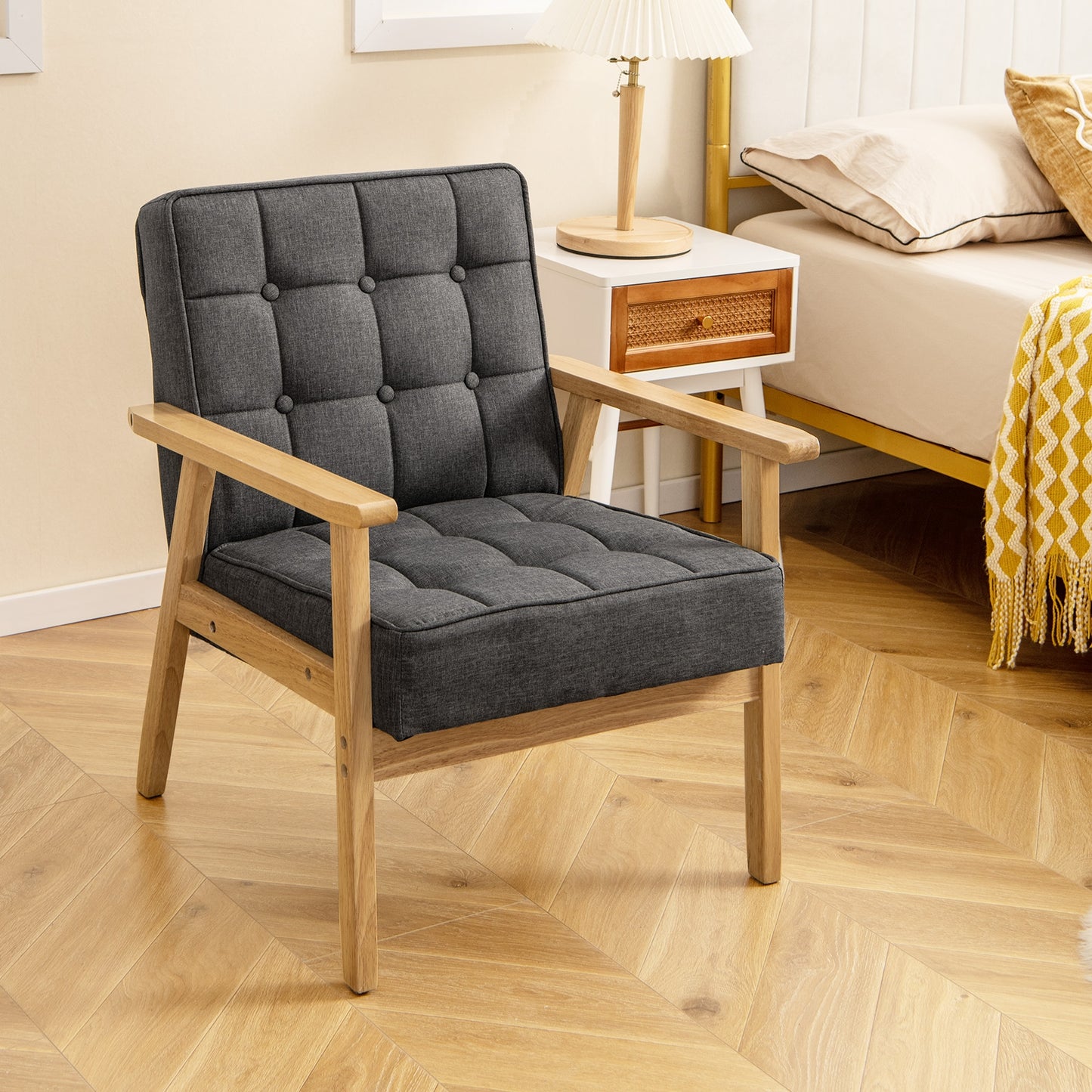 Comfy Accent Chair with Wood Armrests and Upholstered Seat - Grey