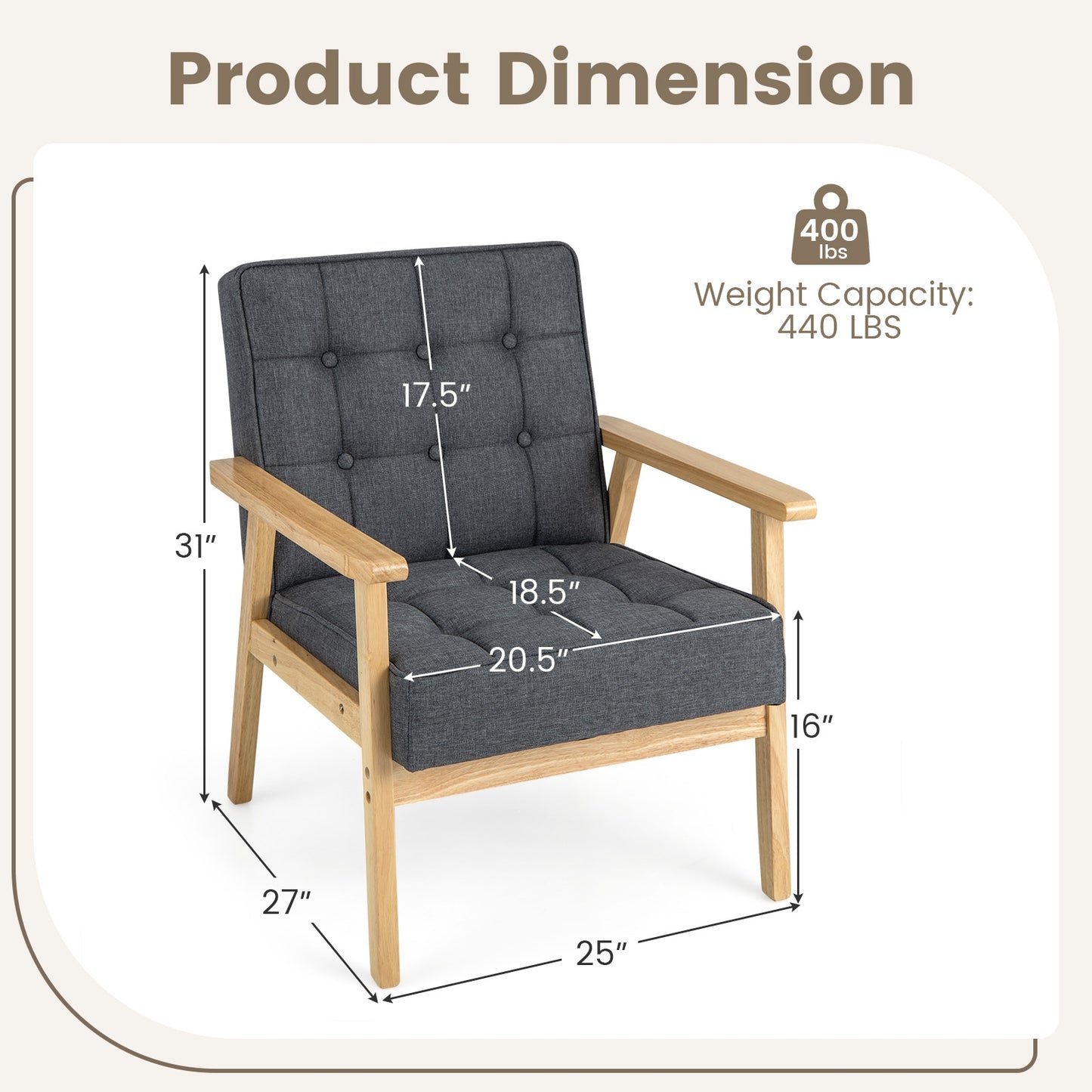 Comfy Accent Chair with Wood Armrests and Upholstered Seat - Grey