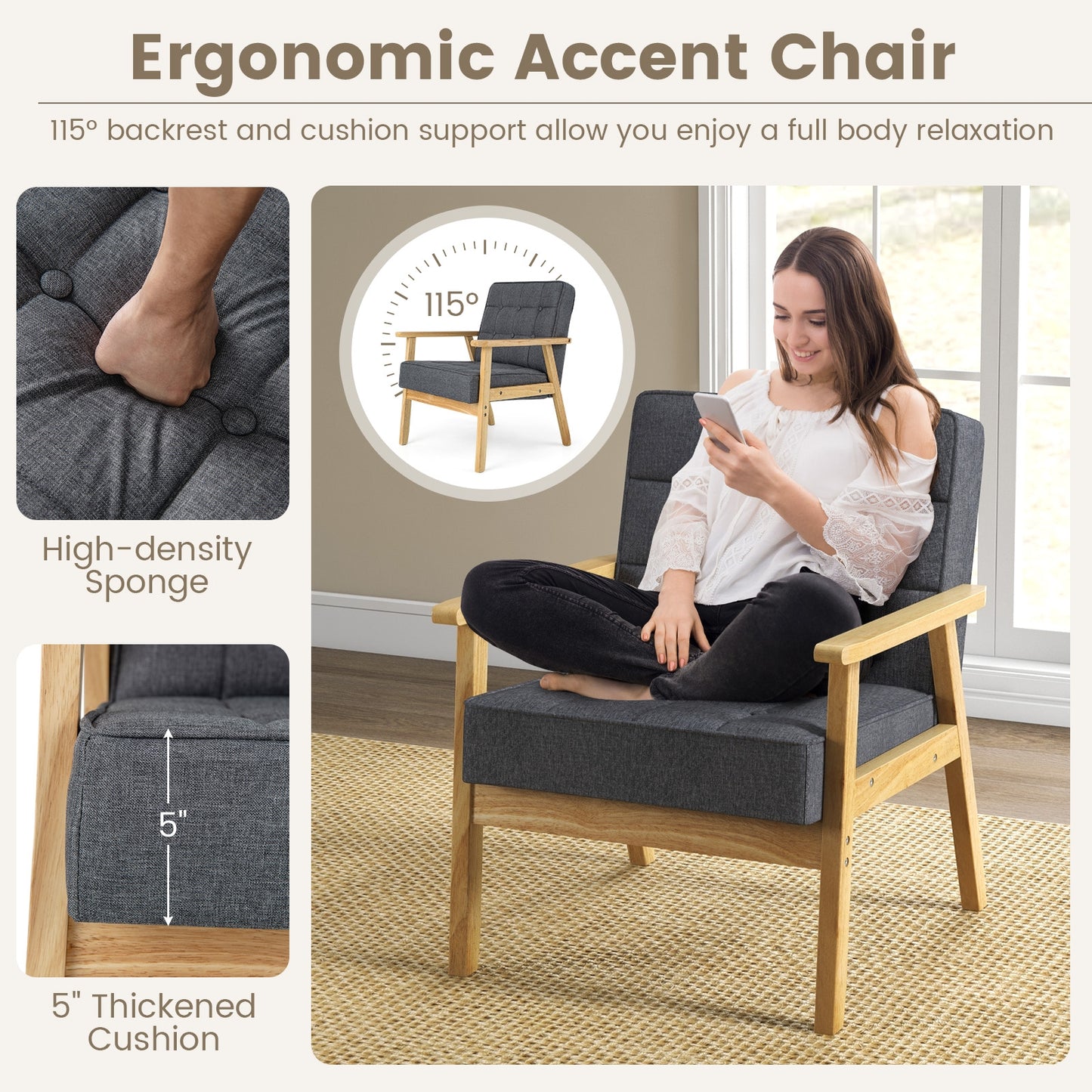 Comfy Accent Chair with Wood Armrests and Upholstered Seat - Grey