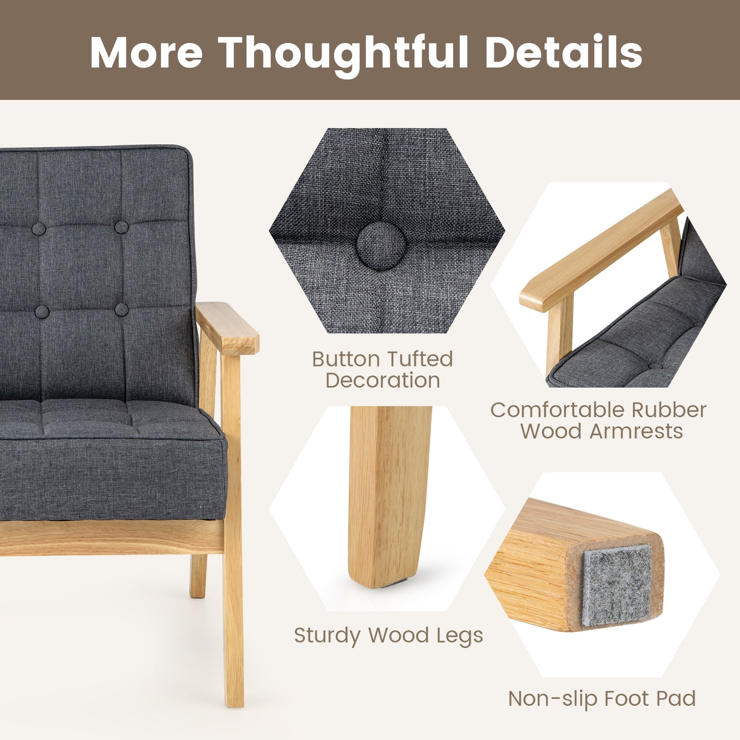 Comfy Accent Chair with Wood Armrests and Upholstered Seat - Grey