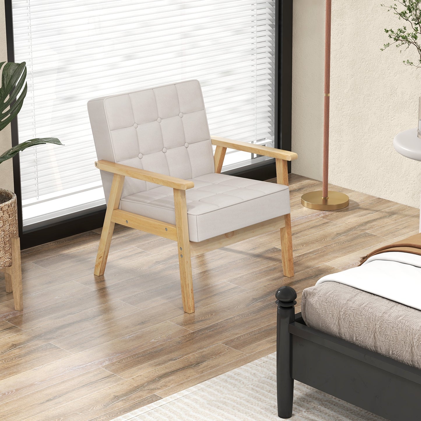 Comfy Accent Chair with Wood Armrests and Upholstered Seat - Beige