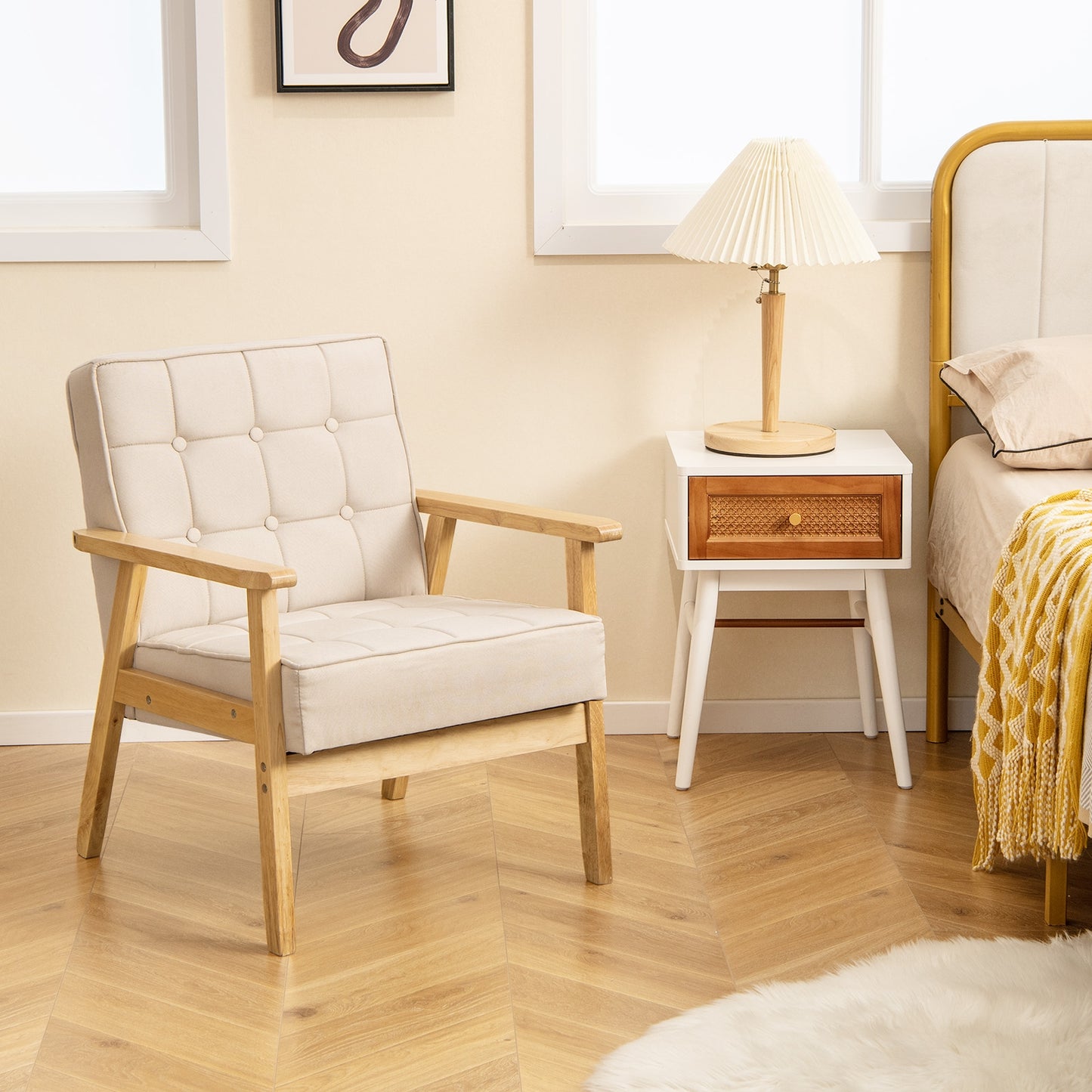 Comfy Accent Chair with Wood Armrests and Upholstered Seat - Beige