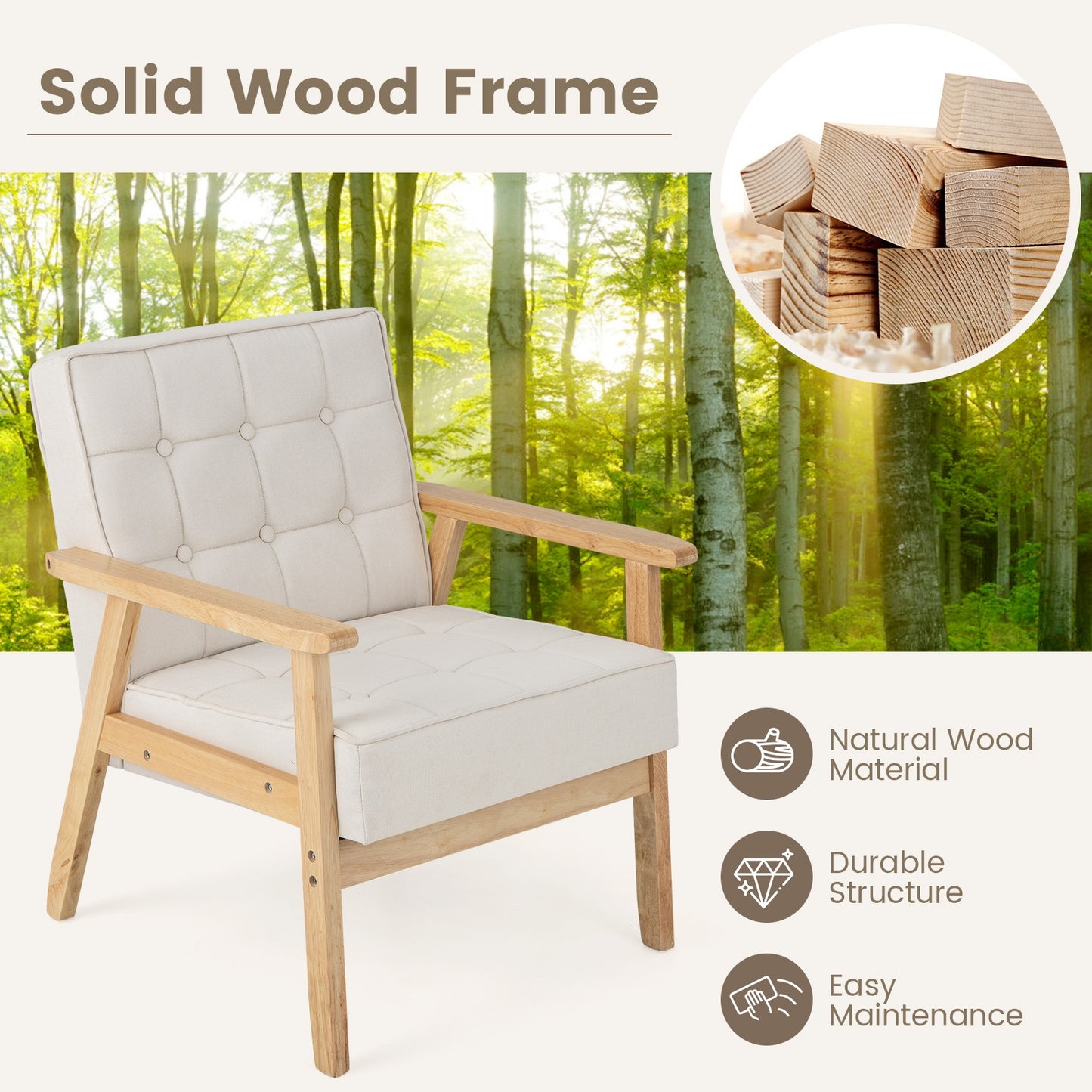 Comfy Accent Chair with Wood Armrests and Upholstered Seat - Beige