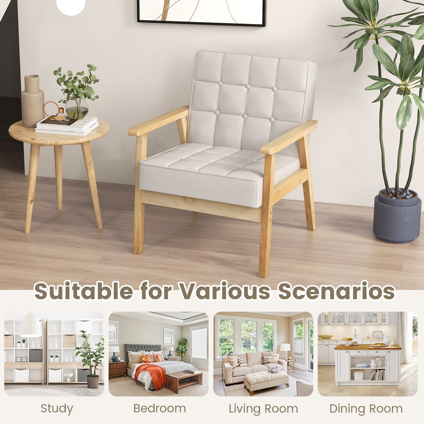 Comfy Accent Chair with Wood Armrests and Upholstered Seat - Beige