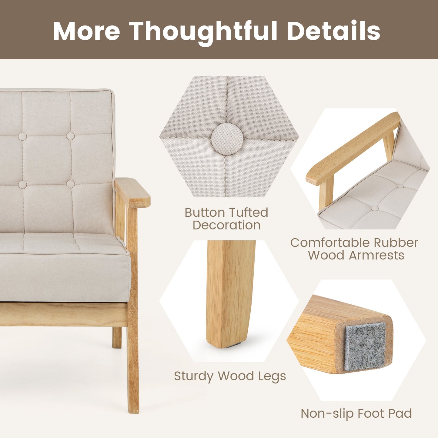 Comfy Accent Chair with Wood Armrests and Upholstered Seat - Beige