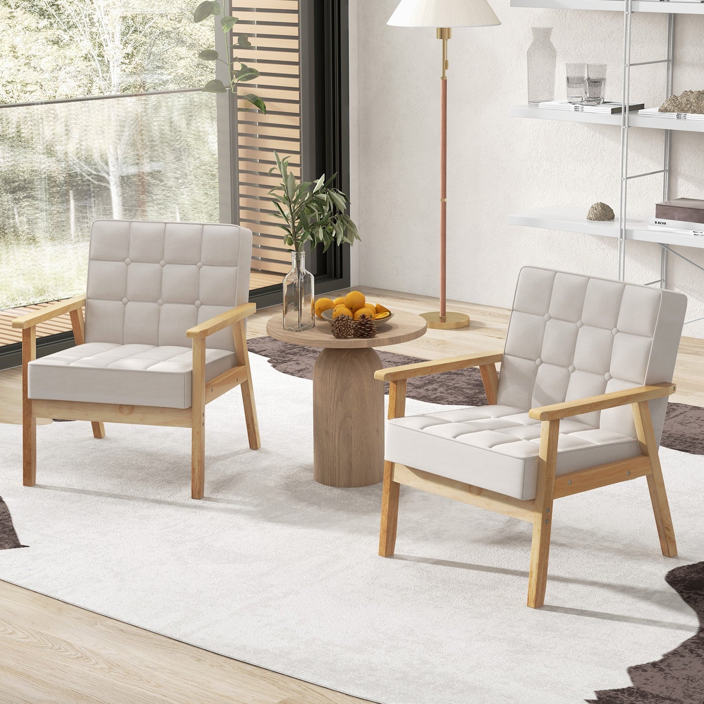 Comfy Accent Chair with Wood Armrests and Upholstered Seat - Beige
