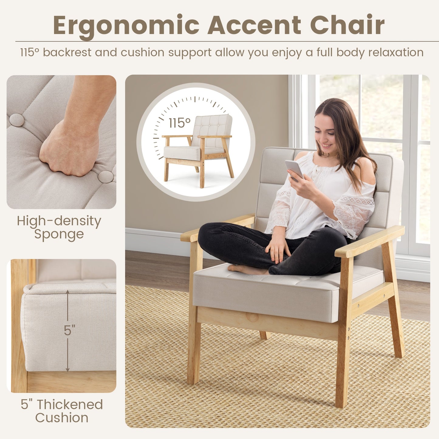 Comfy Accent Chair with Wood Armrests and Upholstered Seat - Beige