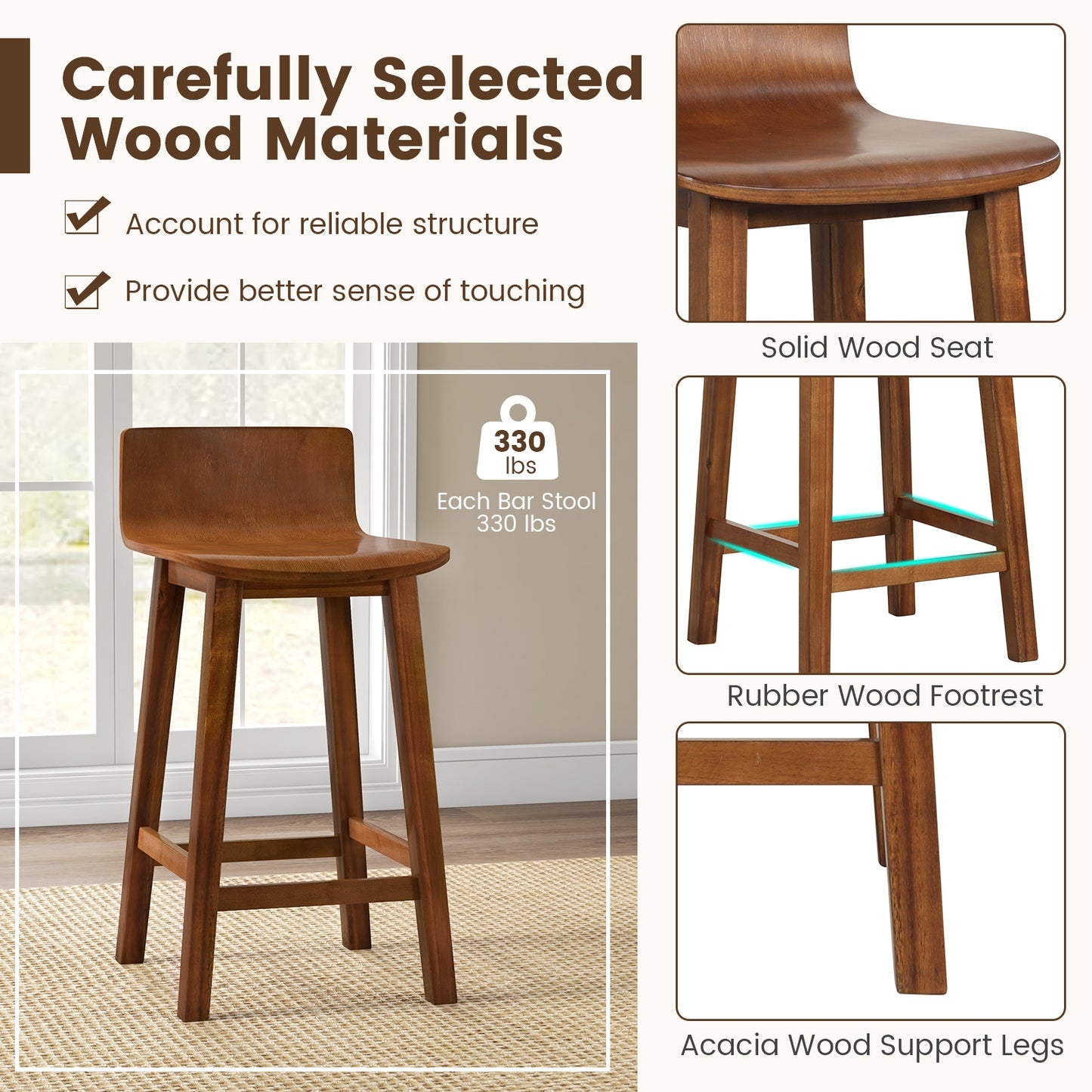 Wooden Bar Stools Set of 2 with Backrest and Footrest in Brown Finish, 24.5 Inch