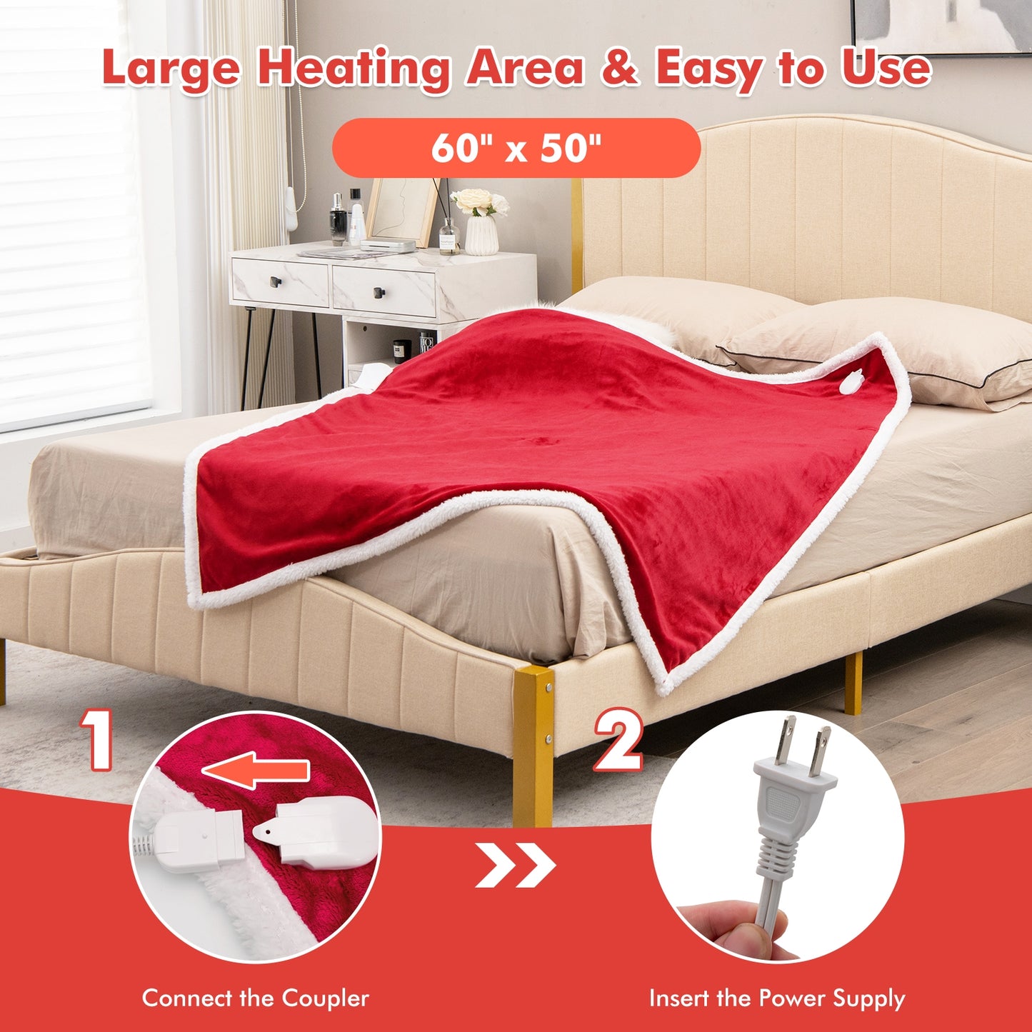 Reversible Electric Heated Blanket Throw with Flannel and Sherpa Fleece - Red