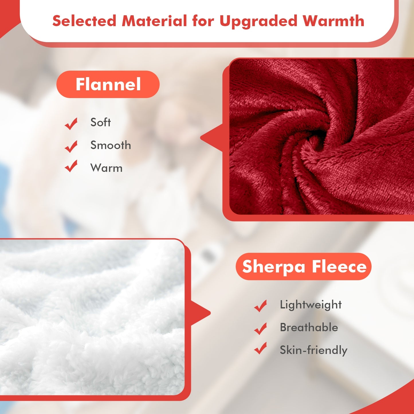 Reversible Electric Heated Blanket Throw with Flannel and Sherpa Fleece - Red