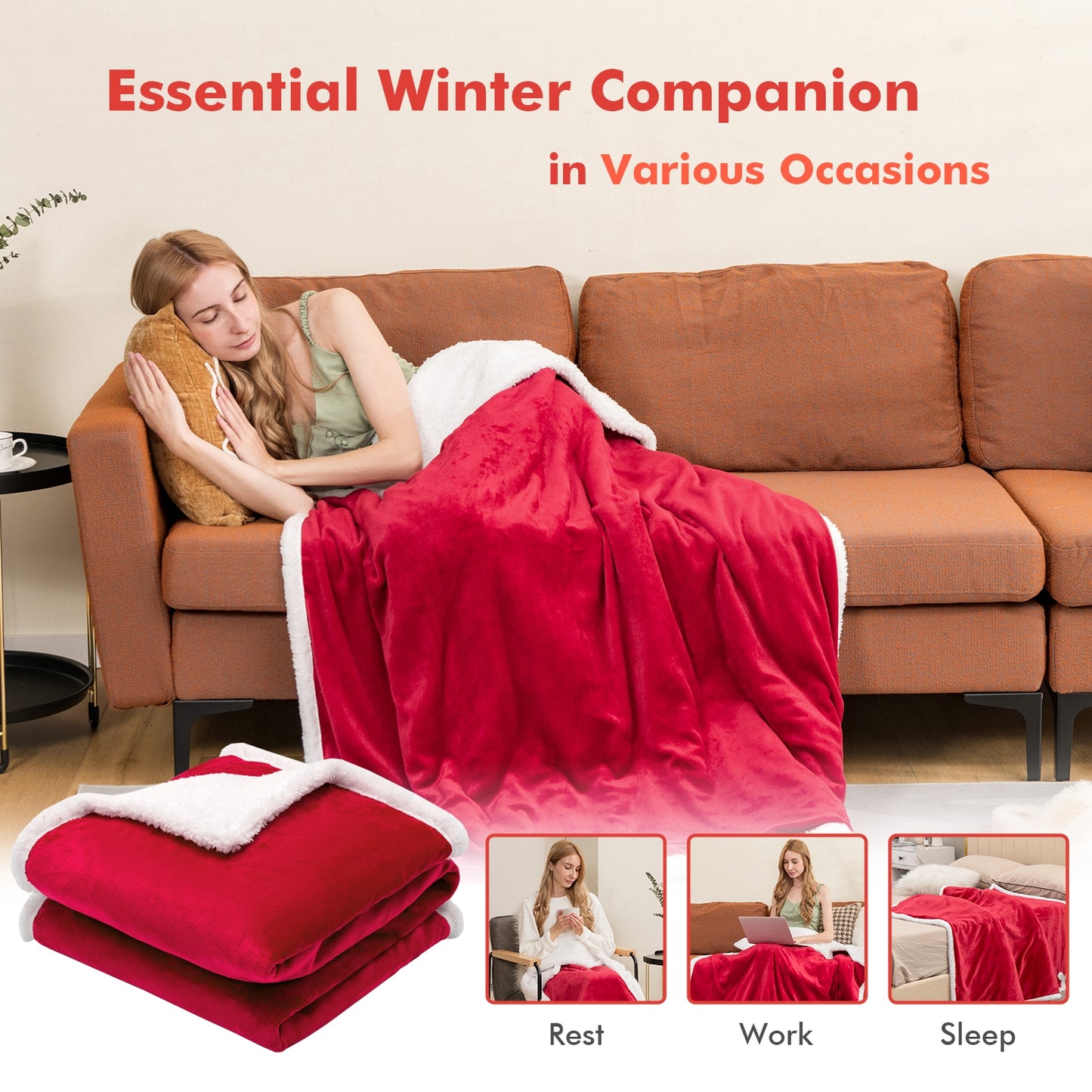 Reversible Electric Heated Blanket Throw with Flannel and Sherpa Fleece - Red