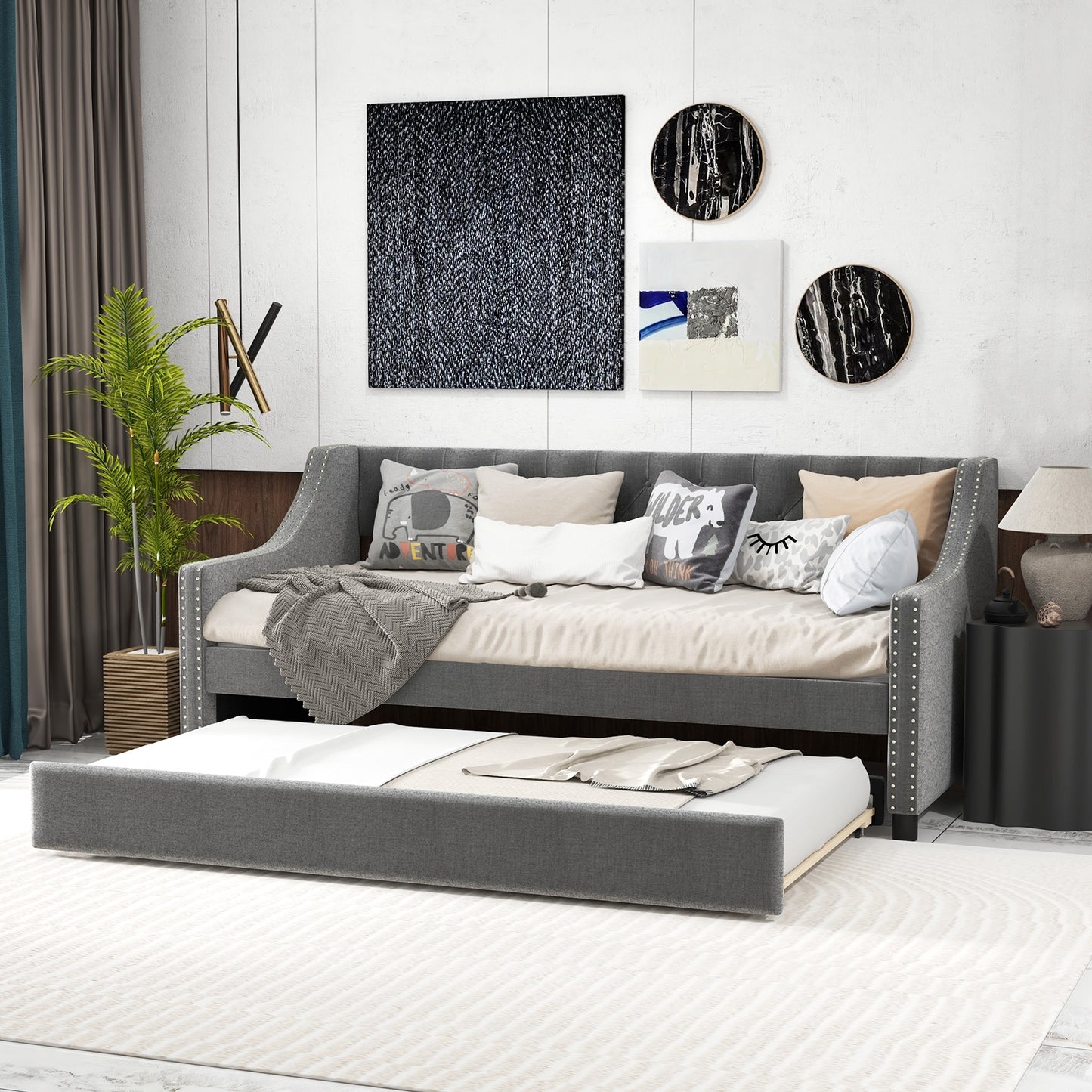 Twin Upholstered Daybed with Trundle, Curved Armrests and Tufted Backrest