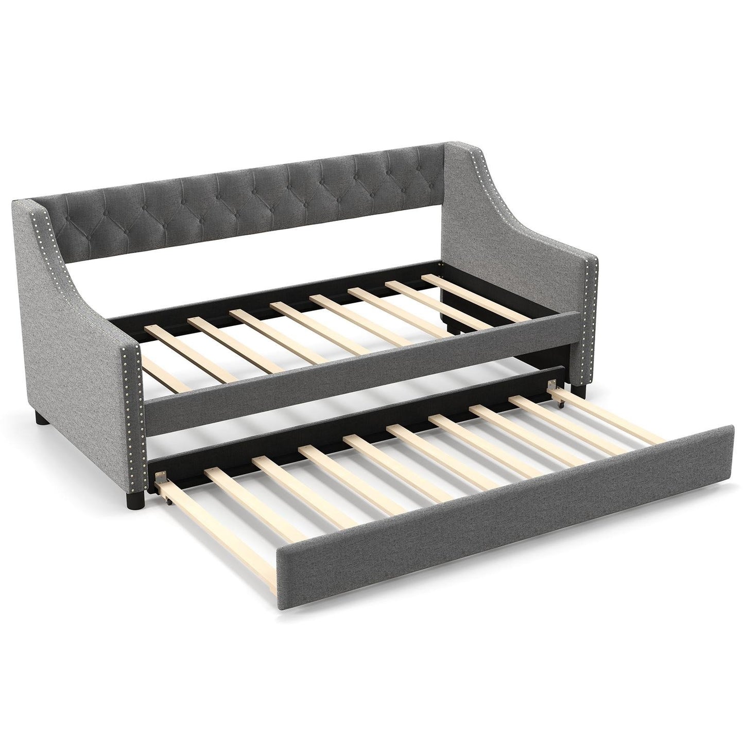 Twin Upholstered Daybed with Trundle, Curved Armrests and Tufted Backrest