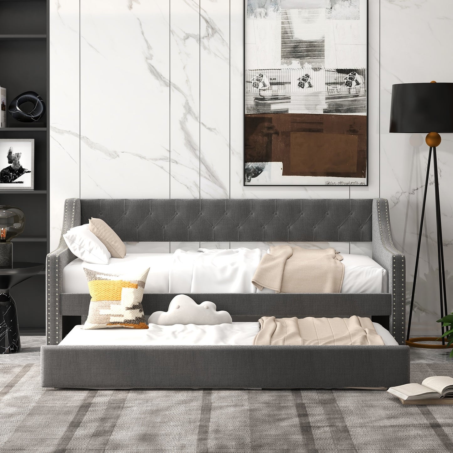 Twin Upholstered Daybed with Trundle, Curved Armrests and Tufted Backrest