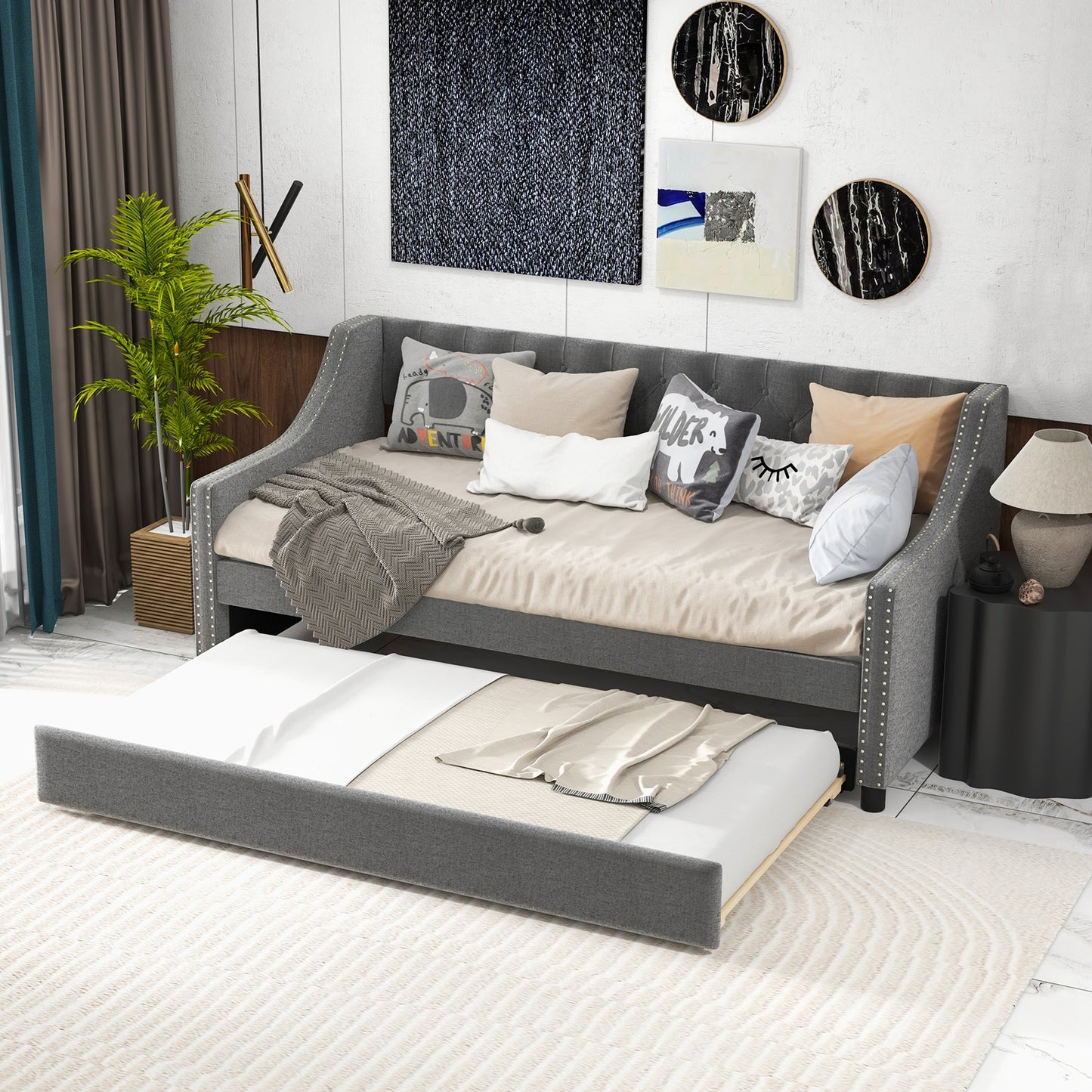Twin Upholstered Daybed with Trundle, Curved Armrests and Tufted Backrest
