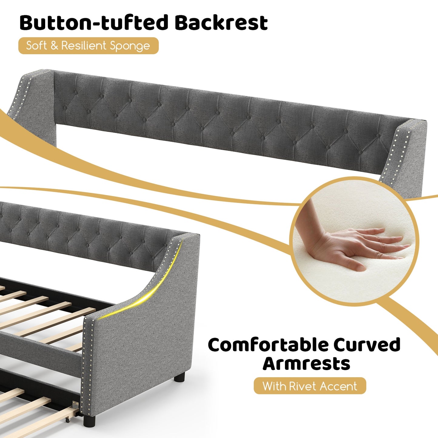 Twin Upholstered Daybed with Trundle, Curved Armrests and Tufted Backrest
