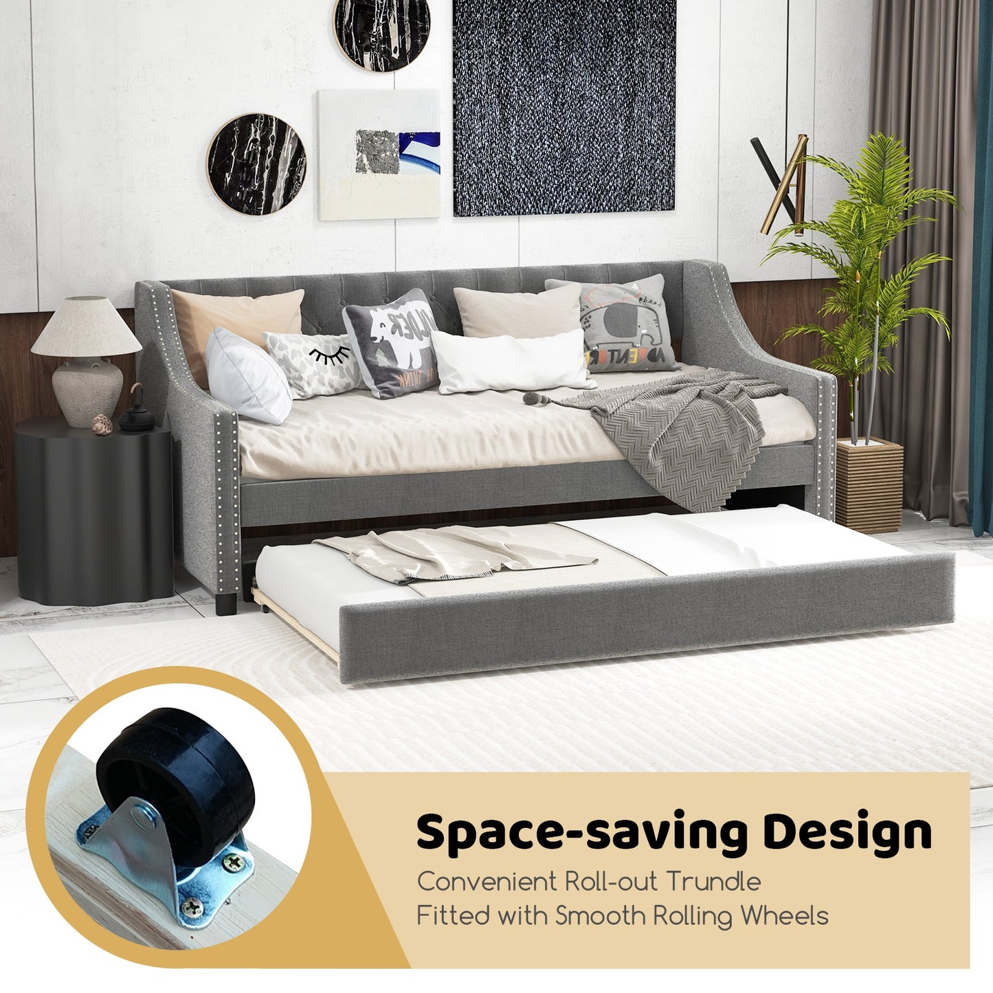 Twin Upholstered Daybed with Trundle, Curved Armrests and Tufted Backrest