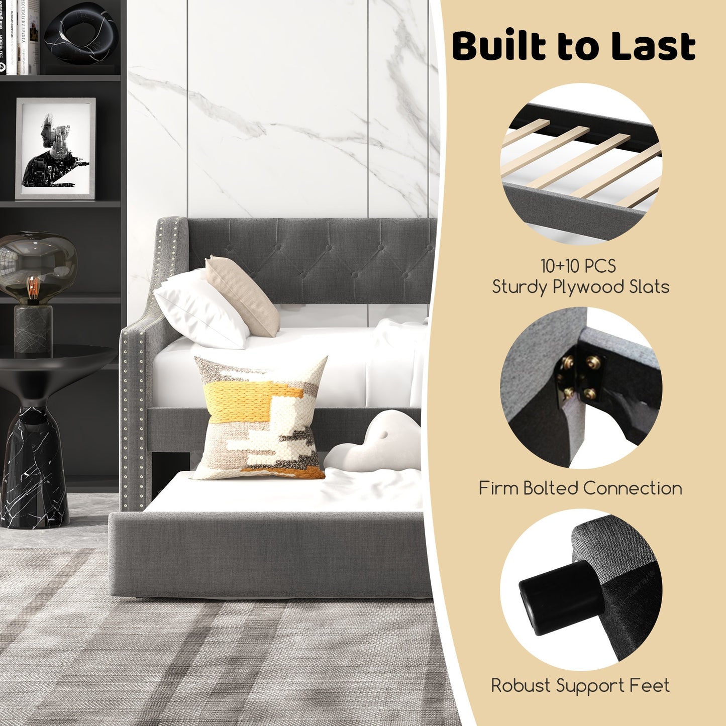 Twin Upholstered Daybed with Trundle, Curved Armrests and Tufted Backrest