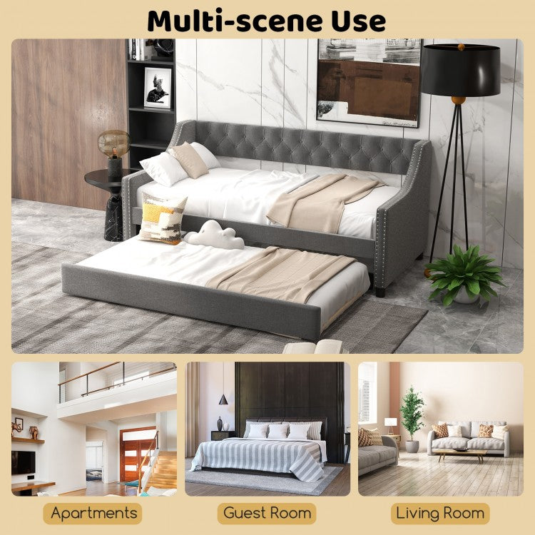 Twin Upholstered Daybed with Trundle, Curved Armrests and Tufted Backrest