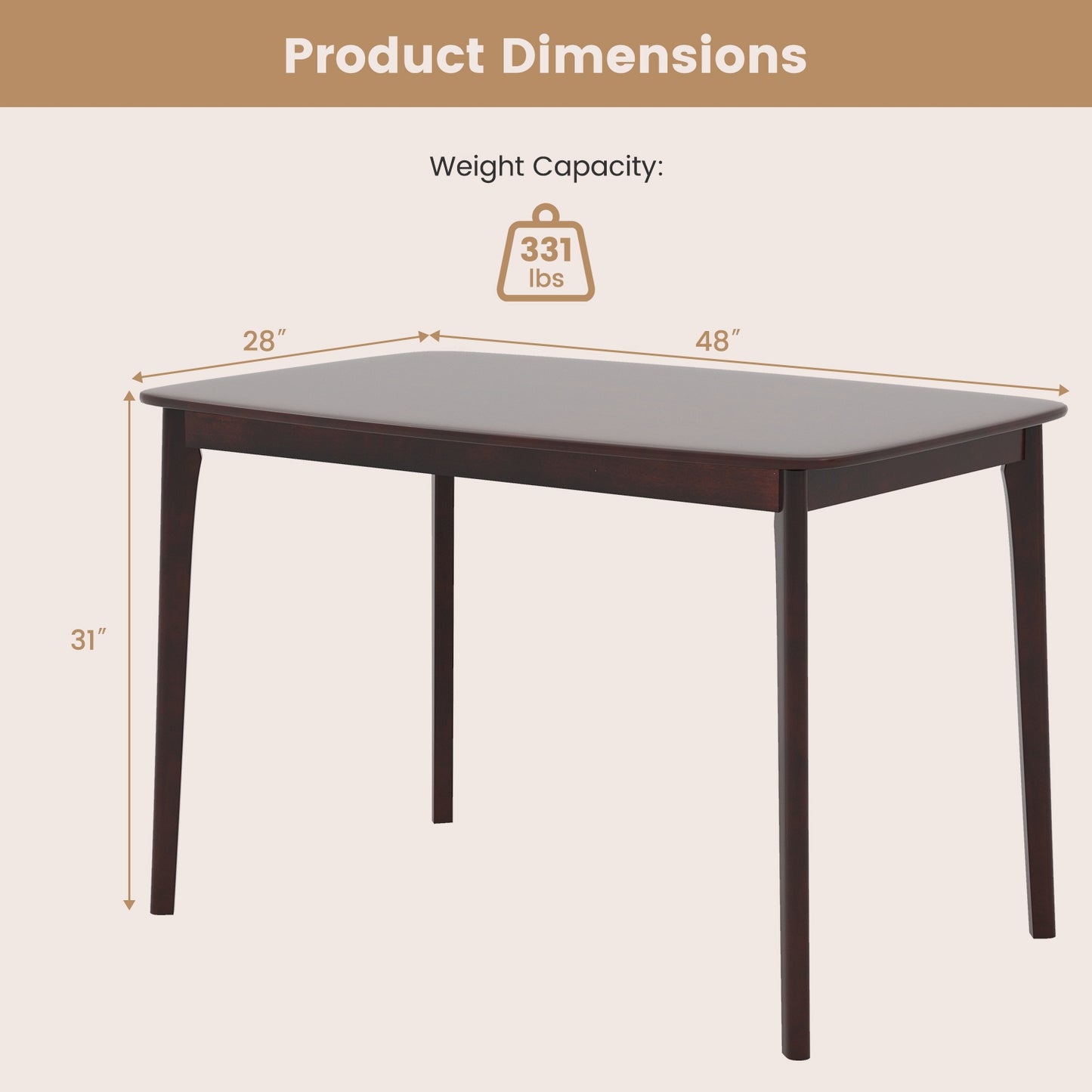 Classic 48 Inch Rectangular Dining Table with Solid Wood Legs and Smooth Finish - Espresso