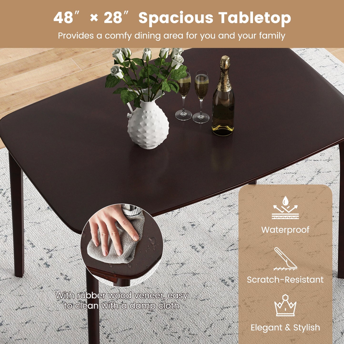 Classic 48 Inch Rectangular Dining Table with Solid Wood Legs and Smooth Finish - Espresso
